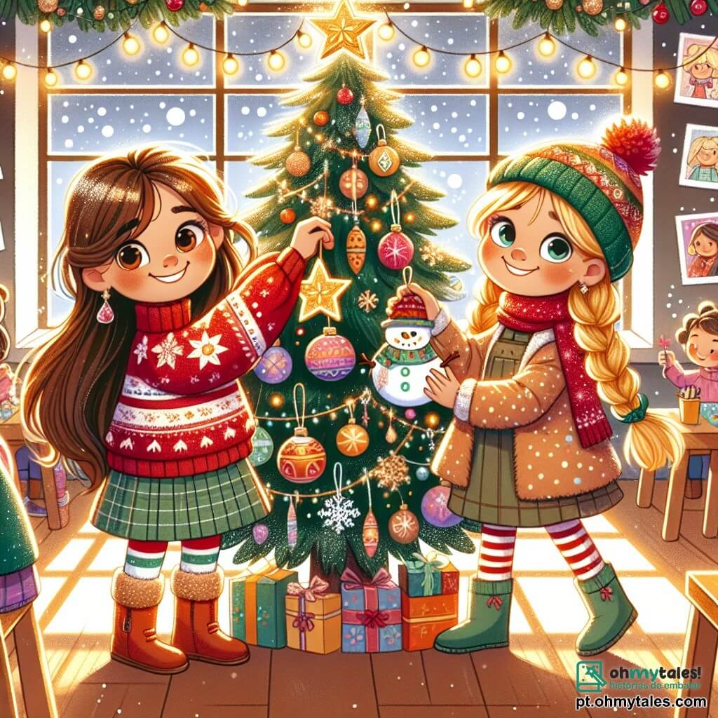 Duas meninas, Maria e Ana, de 8 anos, estão no centro da imagem. Maria tem cabelos longos e castanhos, usa um suéter vermelho com um padrão de floco de neve e sorri alegremente segurando um enfeite em forma de estrela. Ana, com cabelos loiros em tranças, usa um gorro verde e um casaco de bolinhas, pendurando um boneco de neve de papel em um galho da árvore. O local é uma sala de aula aconchegante, decorada com luzes e desenhos coloridos nas paredes. Ao fundo, uma grande janela deixa entrar a luz do sol, iluminando uma linda árvore de Natal, ricamente decorada com bolas brilhantes e guirlandas. A cena principal mostra Maria e Ana, cercadas por seus colegas, decorando juntas a árvore de Natal com os enfeites que fizeram. A atmosfera é alegre, cheia de risadas e cantos de Natal, criando um clima festivo e mágico.
