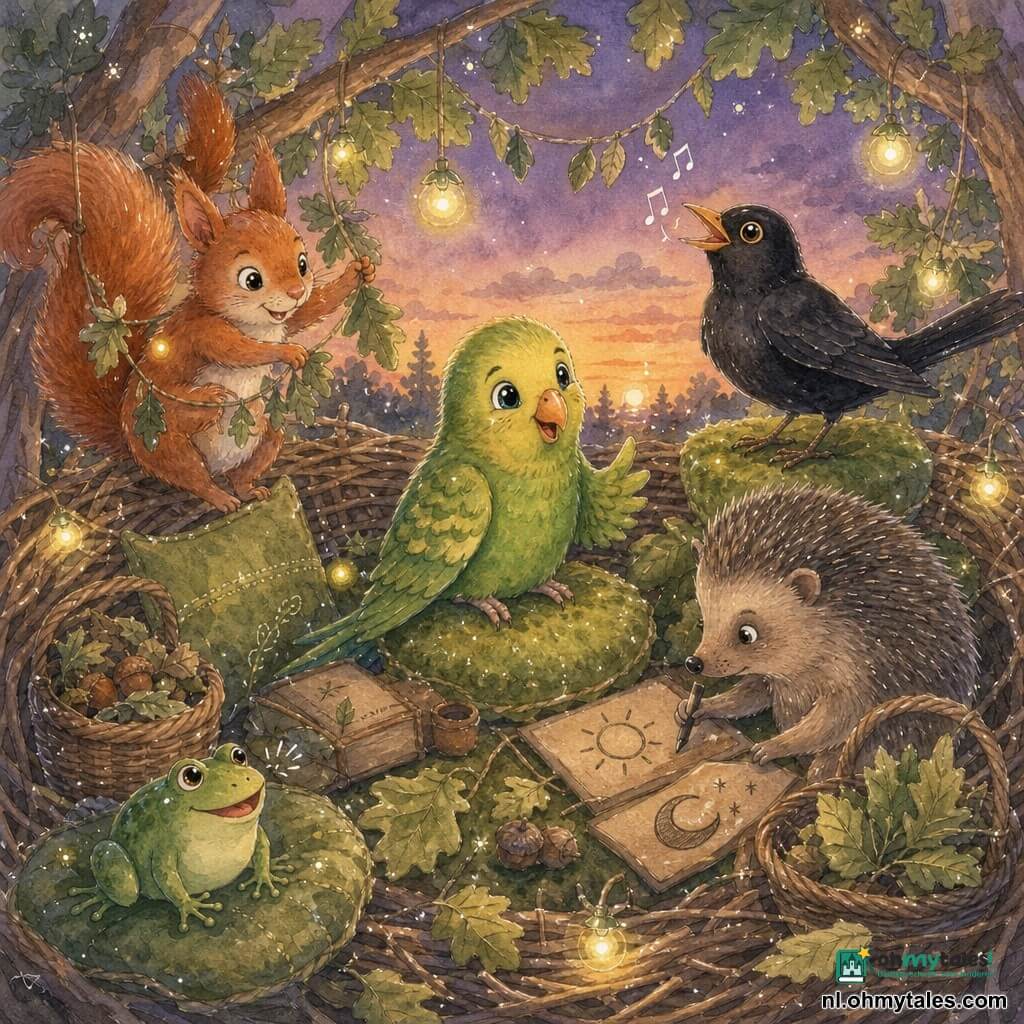 Het hoofdpersonage is een kleine groene parkiet met glanzende veren en een oranje snavel, verlegen maar glimlachend, in het midden van het nest terwijl ze een verhaal vertelt en lichtjes met haar hoofd gebaart; een roodbruine eekhoorn met een volle staart zit links op een tak en houdt een slinger van bladeren vast, een grijsbruin egel rechts tekent geconcentreerd zon en maan op kartonnetjes, verder een glanzende merel op een moskussen zingt zachtjes en een ronde groene kikker kwakt vanaf de rand van het bladerenkleed. Het nest is ruim in een hoge eik met warme binnenkant, groene moskussens, lichtjes van glimwormen als hanglampjes, rieten manden vol bladeren en eikels en slingers van licht- en donkergroene bladeren; de scène toont het leeshoekje bij schemering: de parkiet vertelt terwijl de anderen versieren en luisteren, met zachte verlichting en een gezellige, natuurlijke sfeer.