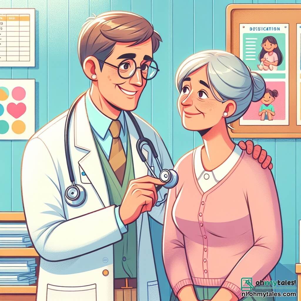 Een vijftigjarige man, dokter Joris, met lichtgrijs wordend bruin haar en een bril met ronde glazen, glimlacht warm terwijl hij een stethoscoop in zijn handen houdt. Zijn uitdrukking is zowel aandachtig als geruststellend, wat zijn betrokkenheid bij zijn patiënten toont. Naast hem staat een vrouw van ongeveer zeventig jaar, mevrouw Verhoeven, met zilvergrijs haar en een zachte roze trui. Ze kijkt dankbaar naar de dokter, haar gezicht verlicht door een glimlach van opluchting. De scène speelt zich af in een lichte spreekkamer, met lichtblauwe muren, educatieve gezondheidsaffiches aan de muur en een raam dat zonlicht binnenlaat. Een houten bureau is vol met dossiers, en een bord met kindertekeningen siert een hoek van de kamer. Dokter Joris legt mevrouw Verhoeven de resultaten van haar testen uit, terwijl ze aandachtig luistert, zichtbaar opgelucht en vol hoop.