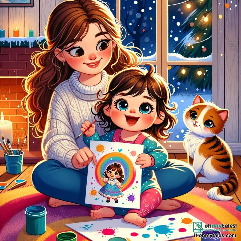 Una bambina di un anno, con grandi occhi luminosi e riccioli castani, è seduta su un tappeto colorato, sorridente e piena di gioia. Tiene un disegno colorato tra le mani, circondata da macchie di vernice. Accanto a lei, sua madre, una donna di circa 30 anni con lunghi capelli castani, la guarda con tenerezza, un grande sorriso sul volto. È in ginocchio, con le braccia aperte, pronta ad abbracciare la figlia. La loro casa è calda e accogliente, con muri di legno, un camino scoppiettante e decorazioni natalizie scintillanti. Fiocchi di neve cadono dolcemente all'esterno, creando un'atmosfera magica. La scena principale mostra la bambina che offre orgogliosamente il suo disegno alla madre, mentre il gatto Micio, un adorabile gatto tigrato, è seduto sul tavolo, osservando con curiosità i colori vivaci del disegno.