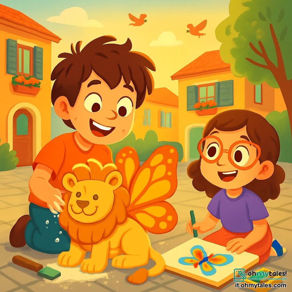 Un giovane di nome Giulio, con i capelli castani in disordine e gli occhi brillanti di creatività, sta scolpendo un magnifico leone con ali di farfalla. Ha un sorriso radioso e le mani coperte di polvere di gesso, segno del suo entusiasmo. Accanto a lui, una bambina di 8 anni di nome Viola, con capelli ricci castani e occhiali rossi, disegna con pastelli su un grande quaderno. Lo guarda con ammirazione, seduta sul pavimento di pietra della piazza. La scena si svolge in una piazza acciottolata, circondata da case colorate con persiane aperte, mentre il sole al tramonto proietta ombre dorate e riscalda l'atmosfera. Fiori in vaso decorano le finestre e gli uccelli volano felici nel cielo. Giulio e Viola condividono un momento magico, circondati dalle loro opere d'arte, mentre una leggera brezza fa danzare le foglie degli alberi. Ridono insieme, creando un'atmosfera gioiosa e ispiratrice, piena di colori e creatività.