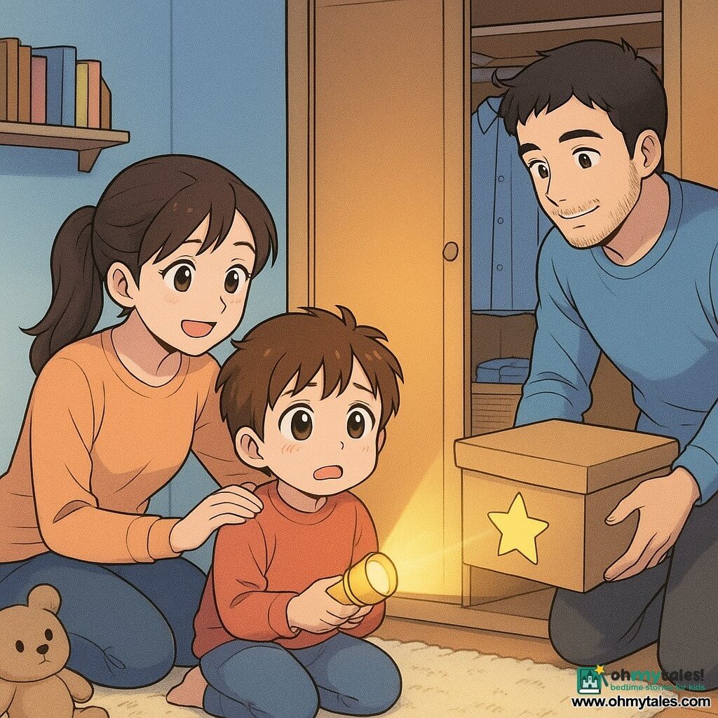 A 4-year-old boy with a round face and tousled brown hair, eyes wide and worried-but-relieved, holds a small yellow flashlight pointing into a half-open wardrobe; his smiling mother (about 30), hair in a ponytail, crouches to his left with a protective hand on his shoulder, while his father (about 32), short black hair and light beard, stands to the right moving a shoebox to clear the closet floor. The small cozy child’s room has pale blue walls, a cream rug, a moon nightlight casting a soft orange glow, scattered plush toys and a shelf of colorful books; the wardrobe shows blue shirts and a sock basket, and a large yellow star sticker inside sparkles under the flashlight. The scene uses warm light contrasted with closet shadow, soft rounded features, pastel colors, and expressions conveying comfort and budding courage.