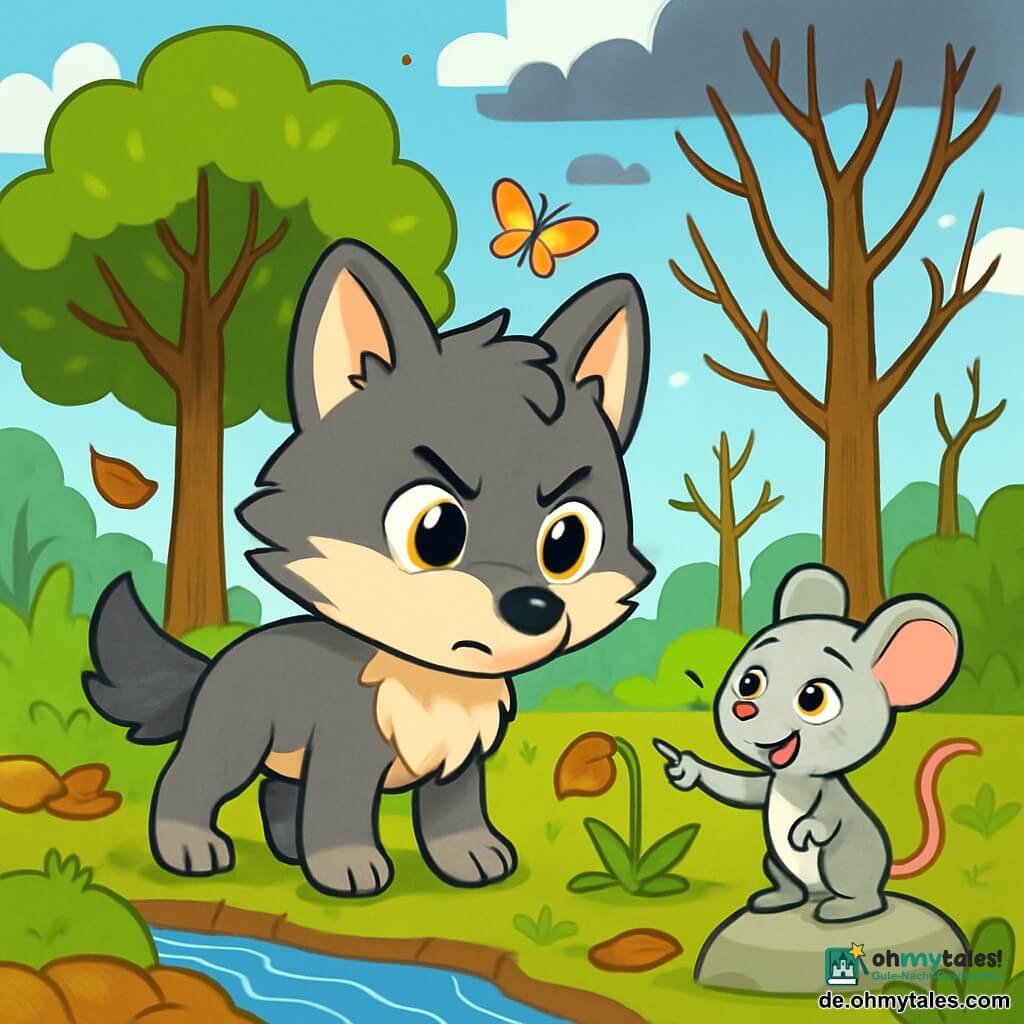 Ein kleiner Wolf mit leuchtenden Augen und weichem Fell, namens Max, steht am Rand eines schmalen Baches, entschlossen und neugierig. Er beobachtet aufmerksam das schwach fließende Wasser, seine spitzen Ohren aufgerichtet, bereit zu handeln, um seinen Lebensraum zu retten. Neben ihm zeigt eine kleine graue Maus, Mia, mit einem ermutigenden Lächeln und funkelnden Augen, auf eine verwelkte Blume am Boden und äußert ihre Besorgnis. Sie steht auf einem Stein, ihre Vorderpfoten selbstbewusst aufgesetzt. Im Hintergrund zeigt die Landschaft einen weiten Wald mit majestätischen Bäumen, von denen einige kahl sind und die Blumen selten sind, während der Himmel hellblau ist, aber einige bedrohliche Wolken hat. Die Szene zeigt Max und Mia, die ernsthaft über die Veränderungen in ihrer Umgebung diskutieren, umgeben von fallenden Blättern und einigen Insekten, was ihr Engagement für den Schutz ihres bedrohten Waldes symbolisiert.