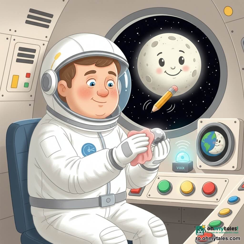 Un bărbat (Mihai), cu fața rotundă și zâmbet timid, ochi strălucitori, poartă un costum spațial alb și o centură gri; calm și concentrat, șterge cu blândețe un mic senzor cu o cârpă roz, în cabină compactă cu pereți crem și panouri metalice, unde un creion galben plutitor se învârte ca un animal de companie, un modul luminos bleu‑deschis pe bord emite unde de lumină, trei butoane rotunde (verde, galben, roșu) și un ecran arată Pământul albastru și o Lună‑jucărie gri; prin hublou se vede spațiul înstelat și o Lună apropiată, culoare scoică de ou, iar atmosfera este pașnică, cu lumini calde, gesturi calme și precise, liniștitoare pentru un copil.