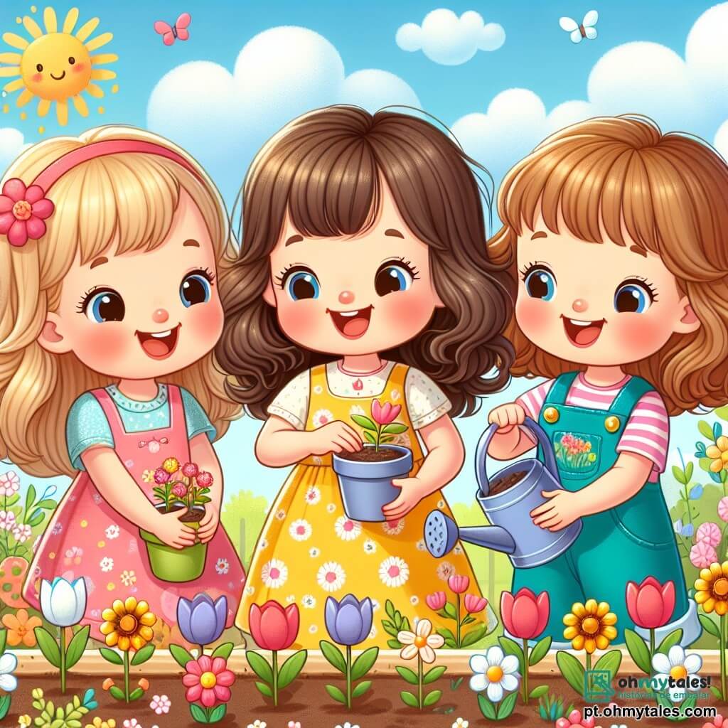Três meninas alegres, Sofia, Luna e Mia, estão no centro da imagem. Sofia, de 8 anos, tem cabelos longos e castanhos e usa um vestido amarelo com estampas de flores. Ela segura um pequeno vaso de terra nas mãos. À sua direita, Luna, também de 8 anos, tem cabelos loiros cacheados e usa uma blusa rosa. Ela está despejando terra em outro vaso. À esquerda, Mia, de 7 anos, tem cabelos castanhos e usa um macacão azul. Ela sorri segurando um regador cheio de água. O cenário é um jardim florido, com flores coloridas como tulipas vermelhas, margaridas brancas e girassóis amarelos. O céu é azul com algumas nuvens brancas e o sol brilha, iluminando a cena. As meninas estão plantando sementes de flores em vasos, cercadas de terra e ferramentas de jardinagem, rindo e se incentivando, criando uma atmosfera de alegria e camaradagem.