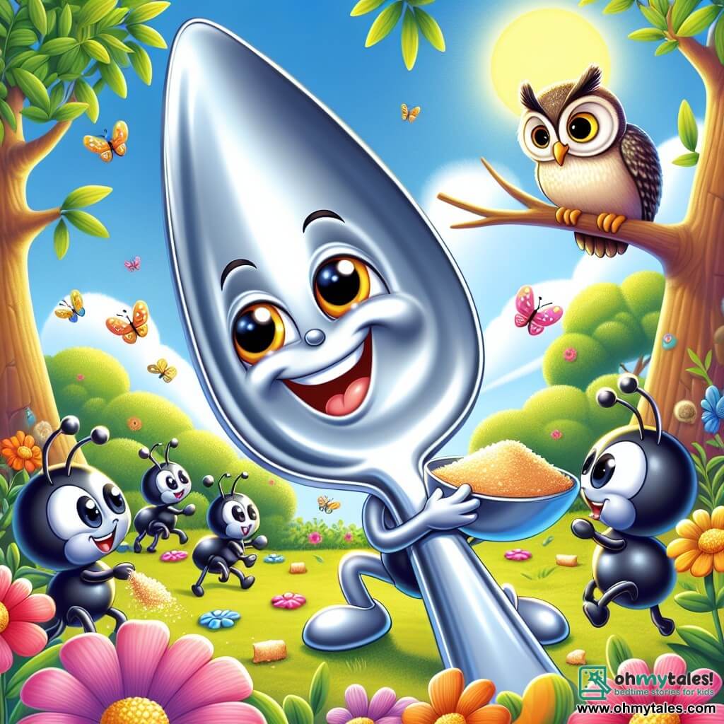A shiny metal spoon named Sammy, with a big smile and sparkling eyes, stands in the center of the image, scooping up bread crumbs for little ants. The cute little ants, with black bodies and wiggly antennae, dance around Sammy, expressing joy and excitement while carrying tiny bits of food. The setting is a sunny garden filled with colorful flowers and lush green leaves, under a clear blue sky dotted with fluffy white clouds. In the background, a wise old owl perched on a tree branch observes the scene with a benevolent look, its round golden eyes shining with intelligence. The main situation shows Sammy sharing crumbs with the ants, illustrating the importance of friendship and cooperation in a colorful and joyful world.