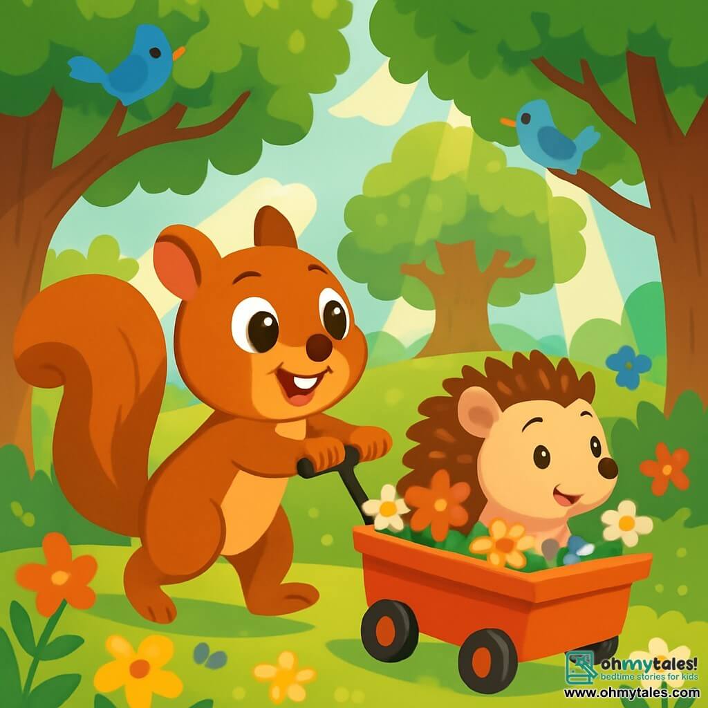 A little squirrel named Simon, with brown fur and a bushy tail, smiles joyfully while pushing a small red cart. His eyes shine with excitement as he helps his friend. Next to him, a little hedgehog named Holly, with a back covered in brown spikes and a happy expression, looks around curiously. She sits in her cart, surrounded by colorful flowers. The scene takes place in a sunny forest, with tall green trees and sunlight filtering through the leaves. Brightly colored wildflowers dot the ground, and birds sing in the branches. Simon and Holly are discovering the majestic oak tree in the distance, their faces beaming with joy and friendship, ready for a new adventure together.
