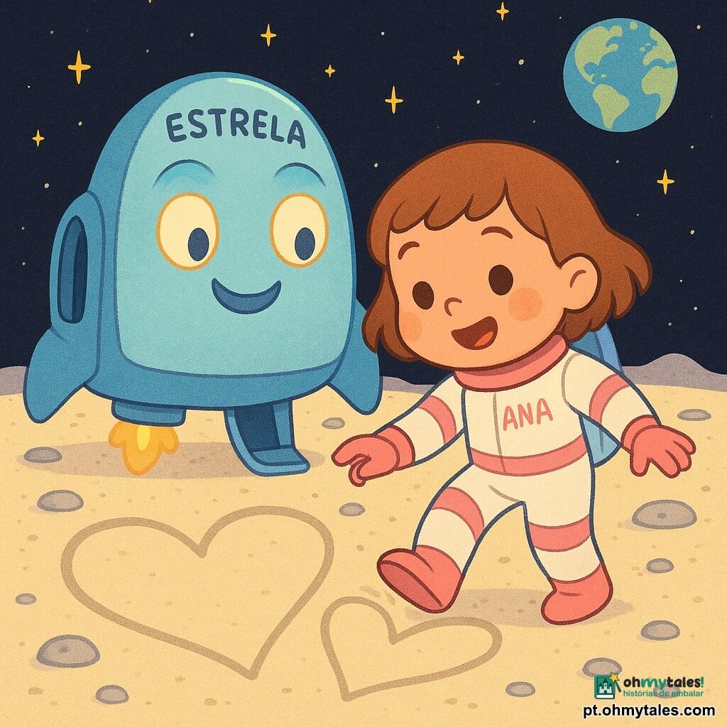 Ana, uma menina astronauta sorridente de cabelo castanho curto, em traje espacial branco e rosa, apoia um pé na superfície da Lua tocando suavemente o solo; atrás dela está o vaisseau Estrela personificado, casco brilhante azul-céu com olhos-farol sorridentes, porta aberta e um pequeno respiro de faíscas douradas no motor; não há outros humanos; o solo lunar é uma extensão pó-creme com pequenos crateras redondas e seixos prateados, o céu é negro com estrelas e a Terra azul no horizonte; cena principal: Ana e Estrela desenham juntos grandes corações na poeira lunar com gestos suaves e traços arredondados, atmosfera calma e alegre em cores pastel com contrastes nítidos; estilo gráfico: traços simples, contornos suaves, expressões exageradas mas ternas, textura levemente granulada na poeira e luz suave vindo da Terra e dos faróis do navio.