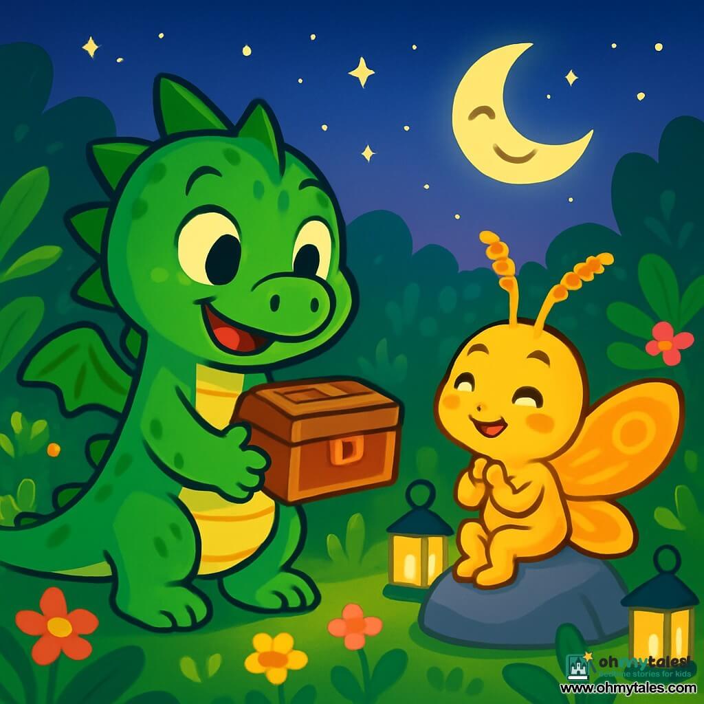 Nori, a small dragon with shiny green scales, is cheerful and determined. She holds a lovely wooden game box in her paws, her eyes sparkling with excitement. Next to her, Luma, a gentle moth with golden wings, smiles with gratitude, her antennae quivering with enthusiasm. She sits on a stone, surrounded by twinkling lanterns that light up the garden. The scene is set in an enchanted garden filled with lush green plants, colorful flowers, and lanterns dancing in the soft twilight. The main focus shows Nori offering her game to Luma under a starry sky, with a smiling moon watching over their friendship.