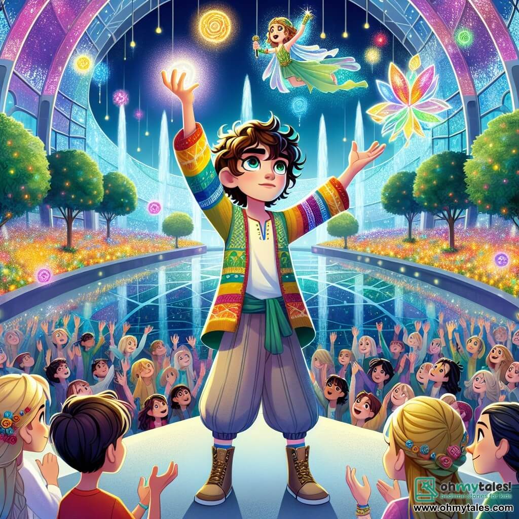 Aladdin, a young man with curly black hair, wears loose pants and a colorful tunic, displaying a determined and hopeful expression. He stands at the center of the scene, raising his arms to the sky as if calling for unity and the voice of every citizen. Beside him, Jasmine, a girl with long brown hair and sparkling eyes, dressed in a green and gold dress, smiles encouragingly while holding a glowing rose. A little further away, Genie, a vibrant magical being, floats in the air surrounded by sparkling glitter, ready to support his friends. The scene takes place in the grand Crystal Plaza, a bright space with glass walls reflecting the colors of the sky, featuring lush gardens and dancing fountains. Holograms float around, adding a touch of modern magic to the environment. The main situation shows Aladdin addressing an enthusiastic crowd gathered for the first time, where every voice matters. Faces are lit up with hope and excitement, while flowers and colorful lights enhance the vibrant atmosphere of this historic moment.