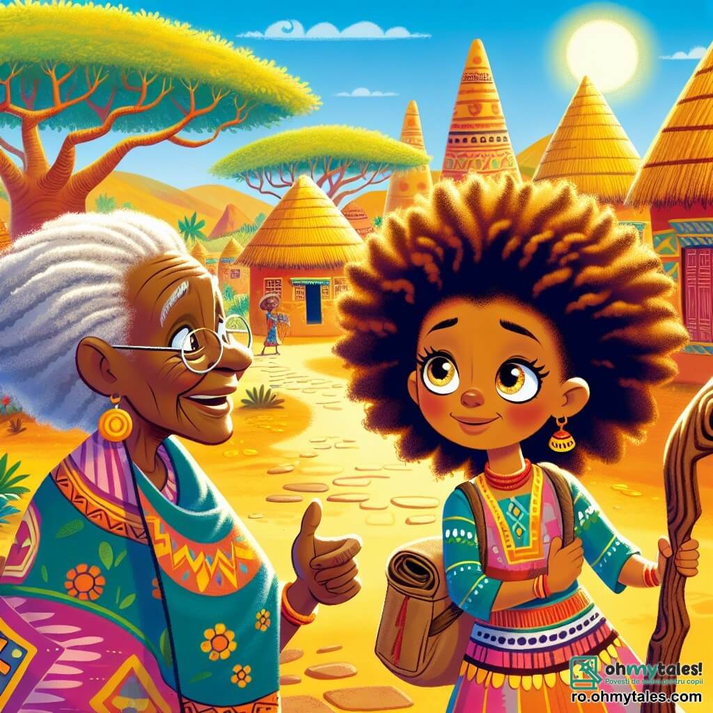Aminata, o fetiță africană de zece ani, cu părul creț și ochii strălucind de determinare, stă în centrul imaginii, purtând o rochie colorată din țesătură tradițională. Are o expresie de curaj și entuziasm în timp ce privește spre orizont, pregătită pentru aventură. Lângă ea, Nia, înțeleapta satului, o femeie în vârstă cu părul gri și un zâmbet cald, ține un băț din lemn sculptat, spunându-i povești vechi și arătându-i o direcție. Fundalul este un sat african vibrant, cu case din lut și acoperișuri de stuf, înconjurat de baobabi măreți și un cer albastru strălucitor. La depărtare, coline aurii se conturează sub soarele strălucitor. Situația principală o arată pe Aminata ascultând-o cu atenție pe Nia, pregătită să pornească în căutarea Floarei Fermecate, cu o hartă înfășurată în mână și o mică poșetă la picioare, simbolizând călătoria ei spre necunoscut.