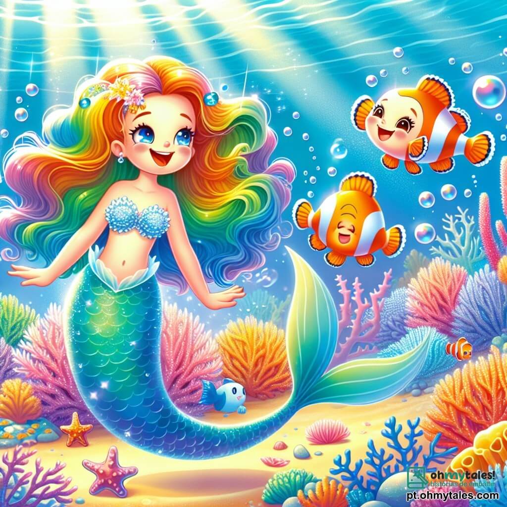 Uma sereia chamada Marina, com cabelos longos e ondulados de um azul brilhante, nada alegremente em uma clareira subaquática. Seu rosto irradia curiosidade e admiração enquanto toca delicadamente um anel de coral colorido que emite uma suave melodia. Ao seu lado, um peixe-palhaço chamado Bolha, com listras laranja e brancas, faz piruetas na água, exibindo um grande sorriso. O local é uma linda clareira subaquática, cercada por corais multicoloridos e iluminada por raios de luz que filtram pela superfície da água, criando um espetáculo de cores vibrantes. Pequenas criaturas marinhas, como estrelas do mar e caranguejos, se escondem atrás dos corais, adicionando vida a essa cena mágica. A situação principal mostra Marina e Bolha dançando e se divertindo ao ritmo da música dos anéis de coral, celebrando sua amizade e a beleza de seu mundo subaquático.