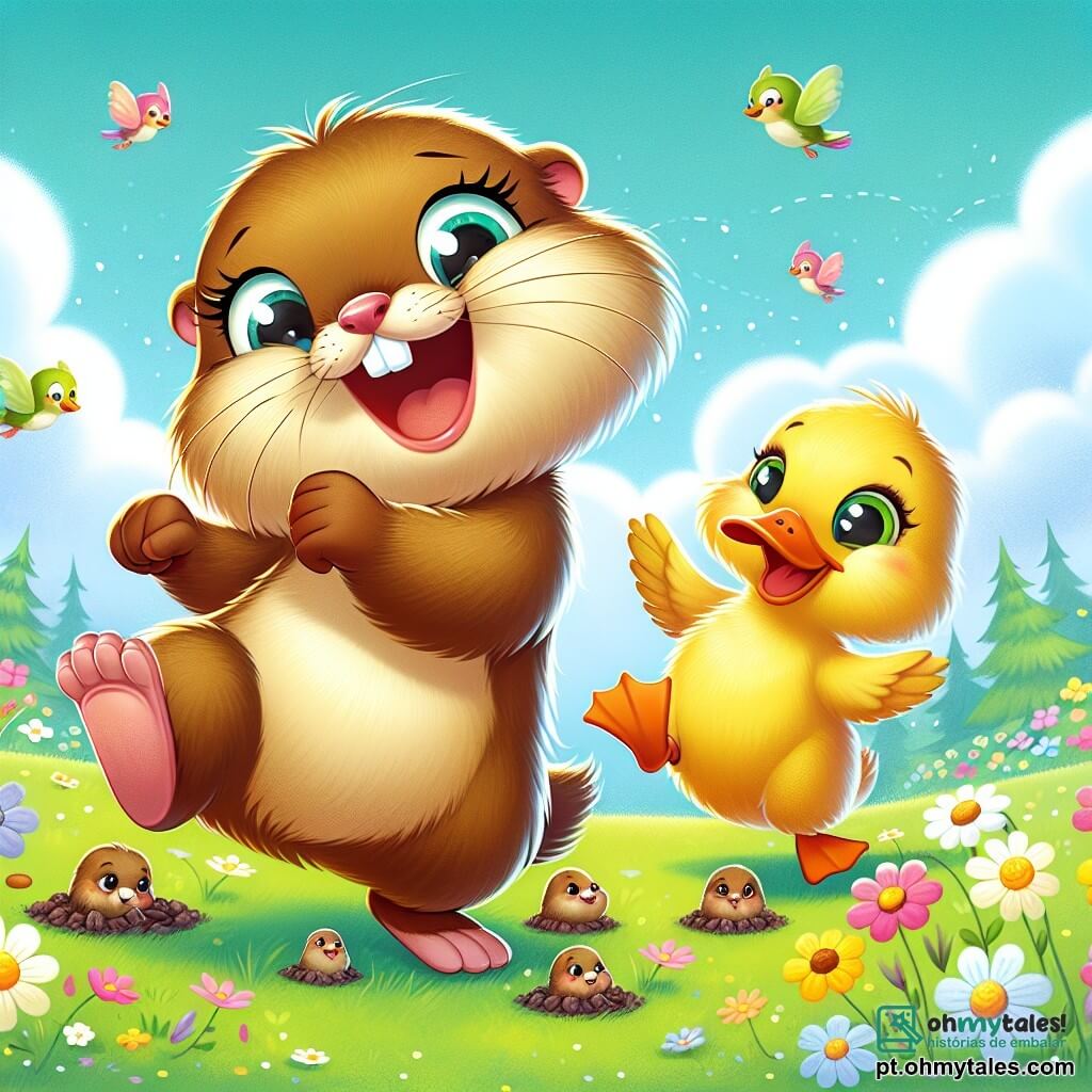 Uma marmota chamada Mimi, com pelagem marrom suave e olhos brilhantes de curiosidade, dança alegremente em um campo verdejante, com suas pequenas patas levantadas no ar. Ela exibe um grande sorriso, cheia de energia e entusiasmo. Ao lado dela, um pato chamado Quico, com plumagem amarela brilhante e bico laranja, se contorce rindo, tentando acompanhar o ritmo de Mimi. Ele está um pouco atrás, com as asas abertas, pronto para entrar em uma dança divertida. Ao fundo, um céu azul claro está salpicado de nuvens fofas, enquanto flores coloridas e borboletas voam ao redor, adicionando um toque de magia à cena. A situação principal mostra Mimi e Quico dançando juntos, cercados de risos e alegria, enquanto tentam fazer pequenas minhocas saírem da terra com sua dança engraçada e animada.