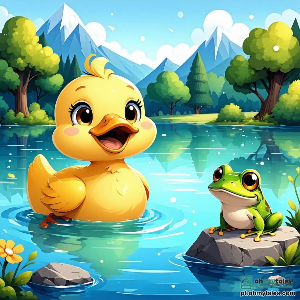 Um pato chamado Quico, com penas amarelas brilhantes e olhos cheios de curiosidade, nada alegremente em um lago de águas cristalinas, com um grande sorriso no rosto. Ao seu lado, uma pequena rã verde chamada Rita, com olhos brilhantes e uma expressão preocupada, salta sobre uma pedra à beira da água, olhando para Quico com esperança. Ao fundo, árvores majestosas com folhas coloridas e flores vibrantes cercam o lago, criando uma atmosfera mágica. A cena principal mostra Quico e Rita prontos para uma aventura em busca das cores perdidas da floresta mágica, com uma luz suave filtrando através dos galhos, iluminando seu caminho.