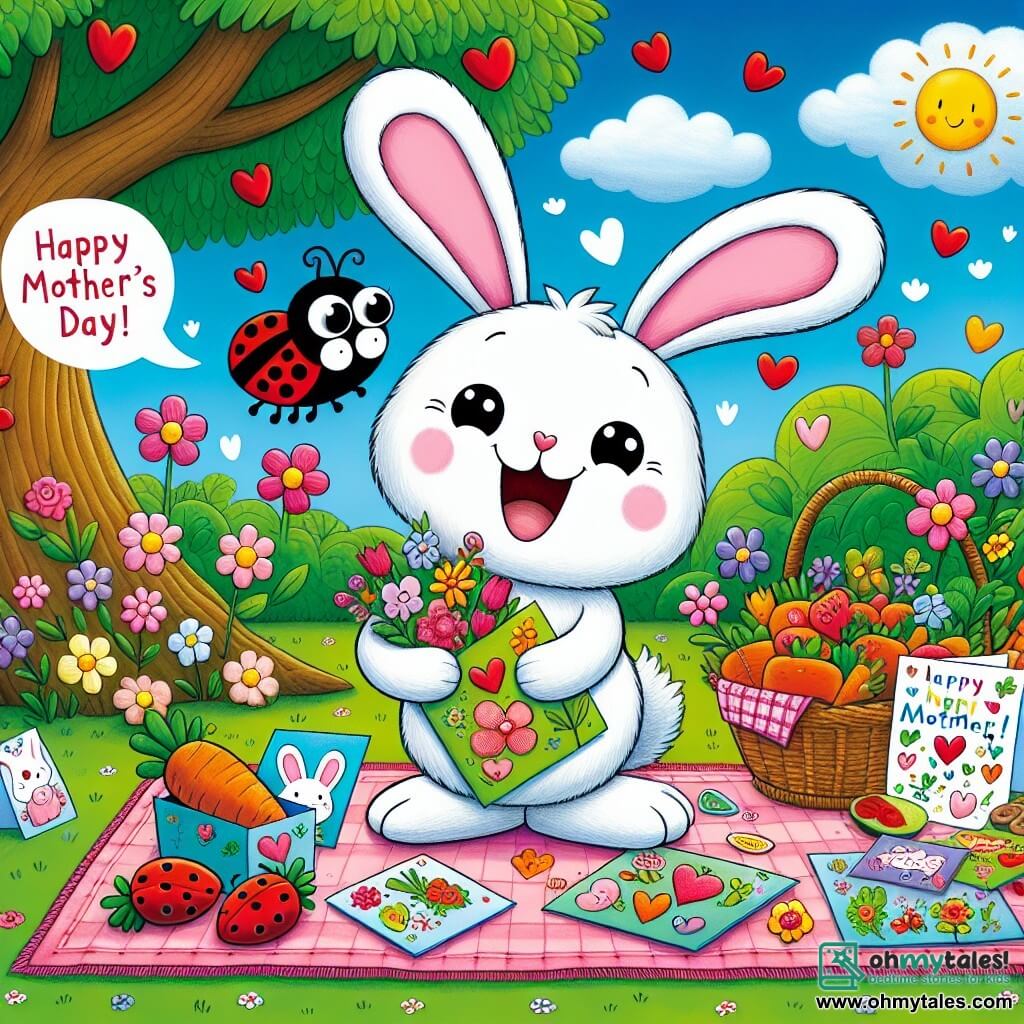 An illustration depicts a small white rabbit with large floppy ears and sparkling joyful eyes, holding colorful handmade cards. It has a big smile on its face, overflowing with excitement and love. Next to it, a little red ladybug with black spots, its shiny wings open, flies joyfully, showing an expression of wonder as it admires the rabbit. The scene takes place in a sunny garden filled with colorful flowers and lush greenery. A large shady tree stands in the center, with a picnic blanket spread on the grass, adorned with delicious fruits and vegetables. The main situation shows the little rabbit preparing a surprise for its mom by setting up a special picnic for Mother's Day, surrounded by lovingly made cards. Other graphic elements include decorated cards with hearts and fun drawings scattered around the rabbit, as well as a basket filled with crunchy carrots and juicy berries on the blanket. The sky is blue with a few white clouds, adding a touch of sweetness to this joyful scene.