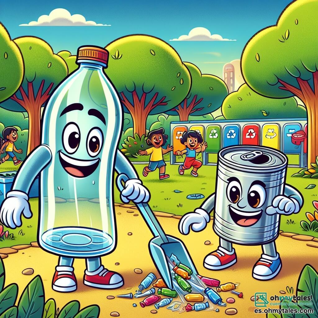 En el centro de la imagen, Botellín, una pequeña botella de vidrio brillante, se sostiene orgullosamente con una sonrisa decidida. Sus contornos son suaves y transparentes, reflejando la luz del sol, mientras sostiene un pequeño cartel de cartón reciclado que dice "¡Recicla con nosotros!". A su lado, Lata, una lata de aluminio plateada, muestra una amplia sonrisa y ojos brillantes de entusiasmo. Está recogiendo basura colorida del suelo, demostrando su compromiso con el medio ambiente. En el fondo, se extiende un parque verde, con árboles frondosos, flores brillantes y niños jugando. Hay estaciones de reciclaje coloridas decoradas con dibujos de animales y plantas. La escena muestra a Botellín y Lata en acción, animando a otros objetos a participar en un día de limpieza, con sonrisas radiantes y un ambiente alegre, simbolizando la unidad por un mundo más limpio.