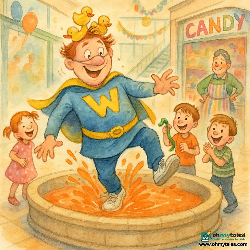 Captain Wobble, joyful and clumsy with a smiling face and mask slipping on his nose, a blue-and-yellow cape askew and shiny white sneakers, stands off-balance in a large round fountain splashing orange water with three rubber ducks like a crown on his head; a laughing little girl (about 6) in pigtails and a pink polka-dot dress points from the left edge, two twin boys (about 8) on the right—one holding a green gummy snake, the other clapping—look mischievous, Mrs. Lollipop (about 50) in a striped apron watches amused from behind a candy-shop window, a female security officer (about 30) laughs holding a radio by the stairs, all in a bright mall atrium with shiny marble floors, a beige stone central fountain, balloons and garlands overhead, depicted in a soft but vivid watercolor style with light contours, visible paper texture, and joyful, surprised expressions.