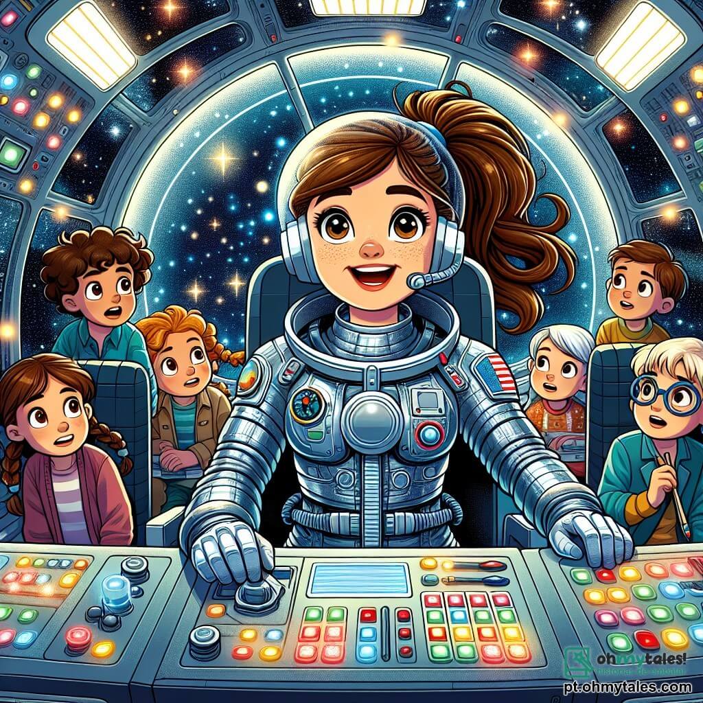 No centro da imagem, Clara, uma corajosa mulher astronauta, está pilotando sua grande nave espacial. Ela usa um traje espacial prateado que brilha sob as luzes coloridas dos botões de controle. Seu rosto irradia excitação e determinação, com cabelos castanhos presos em um rabo de cavalo. Ao lado dela, um grupo de quatro crianças curiosas, com idades entre 8 e 10 anos, se encontra atrás de uma tela de controle. João, um menino de cabelos cacheados e pele clara, observa Clara com os olhos arregalados, enquanto Marta, uma menina de cabelos longos e loiros, faz anotações em um pequeno caderno. Duas outras crianças, um menino de óculos e uma menina com tranças, observam atentamente as luzes piscantes do console. O interior da nave está repleto de painéis de controle futuristas, luzes cintilantes e janelas que dão para a imensidão do espaço, onde estrelas brilham como diamantes em um fundo negro profundo. A situação principal mostra Clara resolvendo um problema técnico, com alarmes piscando ao seu redor. As crianças, engajadas e entusiasmadas, a ajudam a redirecionar a energia da nave seguindo suas instruções, criando uma atmosfera de cooperação e aventura no espaço.