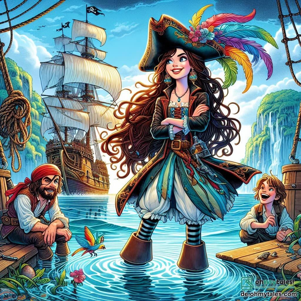 Die Szene zeigt Maris, eine junge Piratin mit entschlossenem Blick, langen, geflochtenen braunen Haaren und einem Piratenhut, der mit bunten Federn geschmückt ist. Sie steht stolz am Rand ihres Schiffs, der „Falkenkralle“, mit verschränkten Armen, einem mutigen Lächeln und einem Funkeln des Abenteuers in den Augen. Neben ihr lacht Bolli, ein rundlicher Mann von etwa 30 Jahren mit jovialem Gesicht und einem Hut, der ihm ins Auge fällt, während er eine Schatzkarte hält. Weiter weg hockt Jarek, ein 12-jähriger Junge mit zerzausten blonden Haaren, neben einer Wasserpfütze und beobachtet fasziniert Meereskreaturen. Das Schiff segelt über ein ruhiges Meer, umhüllt von leichter Nebel, mit geheimnisvollen Inseln am Horizont, deren Silhouetten sich gegen einen klaren blauen Himmel mit weißen Wolken abheben. Die Atmosphäre ist voller Magie und Abenteuerversprechen. Die Hauptsituation zeigt Maris und ihre Crew, die eine schwimmende Glasflasche mit einer Schatzkarte entdecken. Auf ihren Gesichtern spiegeln sich Aufregung und Neugier wider, während sie sich vorbeugen, um sie zu untersuchen, bereit für eine neue Quest.