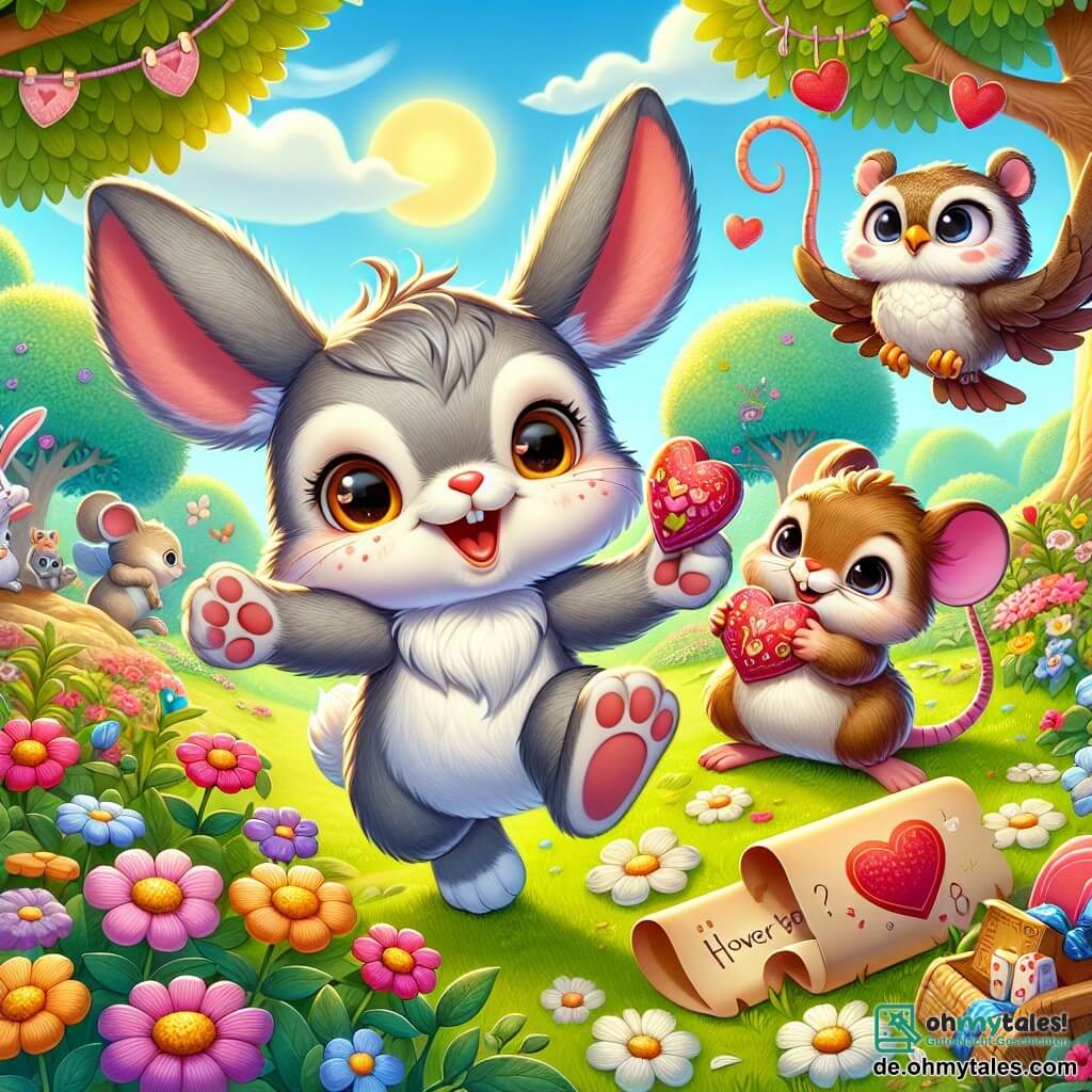 Ein kleiner Hase mit großen Ohren und grauem Fell, dessen Augen vor Freude strahlen, springt begeistert in einem sonnigen Park, umgeben von bunten Blumen. Neben ihm hält eine kleine Maus mit braunem Fell und glänzenden Augen, die lächelt und voller Energie ist, ein Herz aus Papier in ihren kleinen Pfoten, bereit, es ihrem Freund zu zeigen. Ein weiser Uhu mit weichen Federn und runden Augen sitzt auf einem Ast und beobachtet die Szene mit einem wohlwollenden Lächeln, während er eine Rolle Papier mit einem Rätsel darauf hält. Der Park ist grün, mit majestätischen Bäumen, leuchtenden Blumen und einem klaren blauen Himmel, was eine fröhliche und festliche Atmosphäre schafft. Die Charaktere bereiten eine Schatzsuche zur Feier des Valentinstags vor, umgeben von Papierherzen und kleinen bunten Geschenken, die Freundschaft und Liebe symbolisieren.