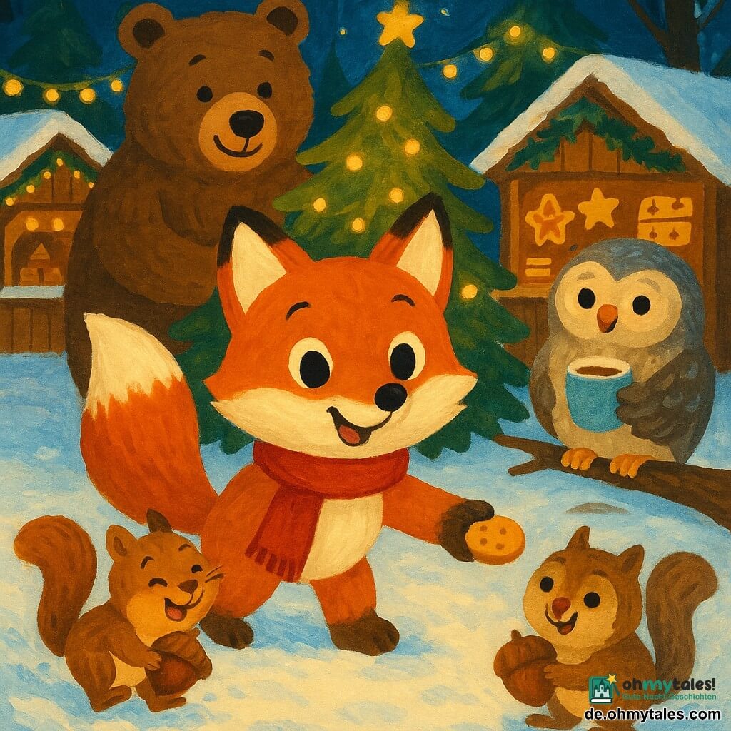 Die Hauptfigur ist ein kleiner roter Fuchs (Finley) mit weißem Bauch, rotem Schal und freundlichem Lächeln, der eine Pfote hinhält, um einen Keks zu schenken; links zwei lebhafte hellbraune Eichhörnchen mit Nüssen, die im Schnee tollen; rechts eine runde, weise Eule (Emma) mit grauem Gefieder und bernsteinfarbenen Augen, erleichtert, hält eine dampfende Punsch-Tasse auf einem niedrigen Ast; hinter dem Fuchs steht ein großer brauner Bär (Bruno) und hilft, einen Weihnachtsbaum aufzustellen, ruhig lächelnd; im Hintergrund eine Lichtung mit Weihnachtsmarkt im Wald: funkelnder frischer Schnee, warme gelbe Lichter, hölzerne Buden mit Tannenzweigen und Plätzchen; die Tiere versammeln sich um einen beleuchteten Baum, tauschen freundliche Gesten und Lachen aus, nächtliche, sanft-magische Stimmung in warmen Farben und weichen Gouache-Kontrasten.