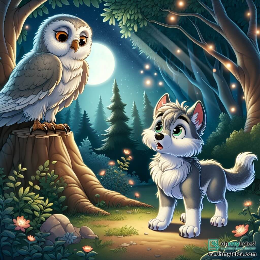 Un pequeño lobo llamado Lupo, con un pelaje plateado que brilla bajo la luz de la luna, se encuentra al borde de un claro, con los ojos llenos de curiosidad y asombro. Observa a su alrededor con una expresión de emoción, listo para descubrir los secretos del mundo que lo rodea. A su lado, un viejo búho sabio, con plumas blancas como la nieve y ojos penetrantes, se posa en una rama, mostrando una expresión tranquila y reflexiva, como si estuviera listo para compartir su conocimiento. El escenario es un magnífico bosque encantado, donde los majestuosos árboles se elevan hacia el cielo, sus hojas bailando al viento, y donde los rayos de luna filtran a través de las ramas, creando sombras misteriosas sobre el suelo cubierto de flores coloridas. La escena principal muestra a Lupo, el pequeño lobo, escuchando atentamente al búho, que le habla de los ecos perdidos del pasado, mientras luciérnagas iluminan la escena, añadiendo un toque mágico a este encuentro nocturno.
