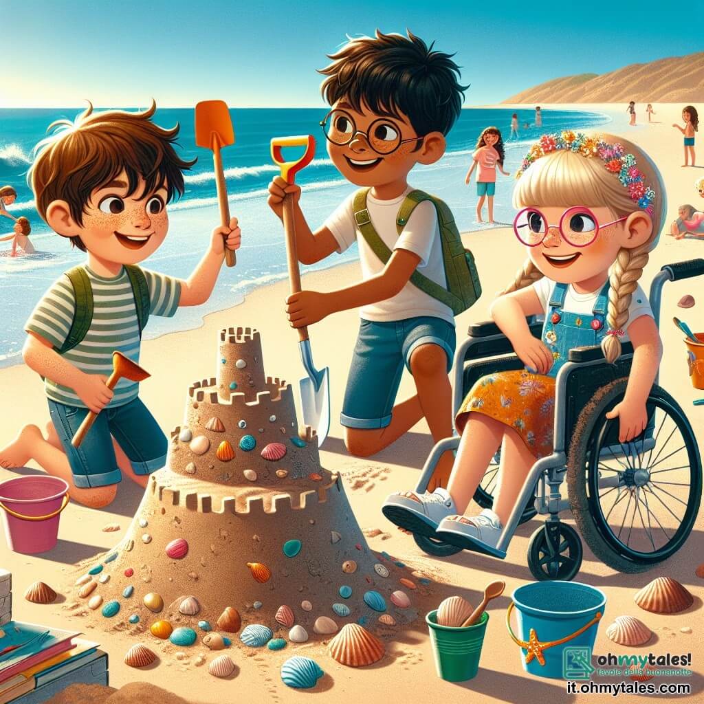 In una bella spiaggia soleggiata, quattro amici si sono riuniti per costruire un castello di sabbia. Marco, un ragazzo di 10 anni con capelli castani e un grande sorriso, sta in piedi su una piccola collina di sabbia con una pala in mano. Sara, una ragazza di 9 anni con capelli biondi e occhiali colorati, è accovacciata vicino al castello, decorando la struttura con conchiglie brillanti. Luca, un ragazzo di 10 anni con capelli neri e occhiali rotondi, è seduto sulla sabbia, mescolando acqua e sabbia per creare la base del castello. Giulia, una ragazza di 9 anni con capelli castani e una sedia a rotelle decorata, è accanto a Marco, sorridendo e tenendo una grande conchiglia. La spiaggia è piena di sabbia dorata e onde dolci, con ombrelloni colorati e bambini che giocano in lontananza. I quattro amici lavorano insieme, ridendo e incoraggiandosi, mentre costruiscono un magnifico castello di sabbia che rappresenta la loro amicizia e creatività.