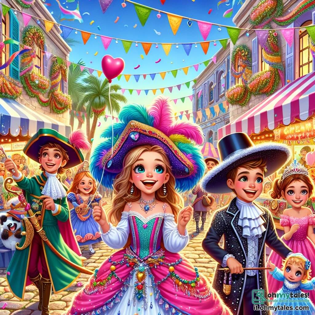 Una ragazza di 10 anni, di nome Giulia, si trova al centro della scena, radiosa di gioia. Indossa un costume da pirata colorato, con un cappello a tricorno decorato con piume e una spada di plastica in mano. Il suo viso è illuminato da un grande sorriso, gli occhi brillanti di eccitazione mentre guarda intorno a sé. Alla sua destra, un ragazzo di 9 anni, vestito da mago, indossa una tunica nera scintillante e un grande cappello a punta. Tiene una bacchetta magica e fa gesti drammatici, come se stesse lanciando un incantesimo. A sinistra di Giulia, una ragazza di 8 anni, con un bel vestito da principessa rosa, sorride tenendo un palloncino a forma di cuore. Guarda Giulia con ammirazione, ansiosa di partecipare all'avventura. La scena si svolge in una piazza animata, decorata con ghirlande colorate e maschere di carnevale appese agli alberi. I chioschi di cibo offrono dolcetti, mentre i bambini ballano e ridono intorno a loro, creando un'atmosfera festosa e gioiosa. Giulia e i suoi amici sono alla ricerca di un tesoro nascosto, seguendo un indizio misterioso, scrutando i dintorni con entusiasmo, pronti a scoprire le sorprese che il carnevale ha in serbo per loro.