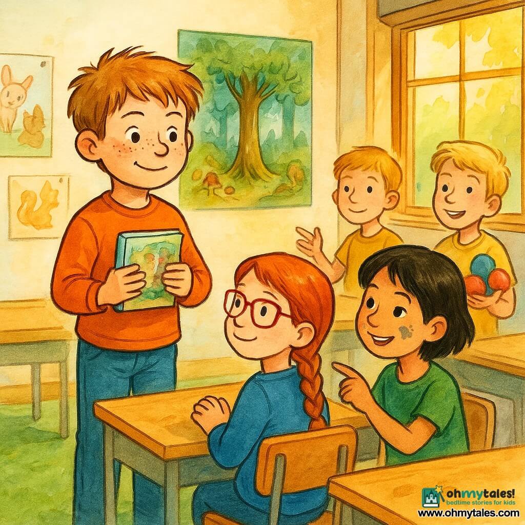 A 10-year-old boy with a round, freckled face and tousled light brown hair stands before the class holding a small illustrated book to his chest, speaking with quiet confidence and a shy smile; Lily, a 10-year-old girl with thick red glasses and braided red hair, sits front row watching him with hands clasped in admiration; Mia, 10, with short black hair and a paint smudge on her cheek, leans beside Lily pointing to a drawn page with a knowing smile as if helping correct an illustration; Sam, 10, blond and slightly in the background, juggles three colorful balls with an encouraging look; the bright classroom has light wood desks, a green rug, walls covered in animal drawings and a large magical-forest poster, and an open window pouring in golden light as classmates listen attentively with warm smiles and supportive gestures.