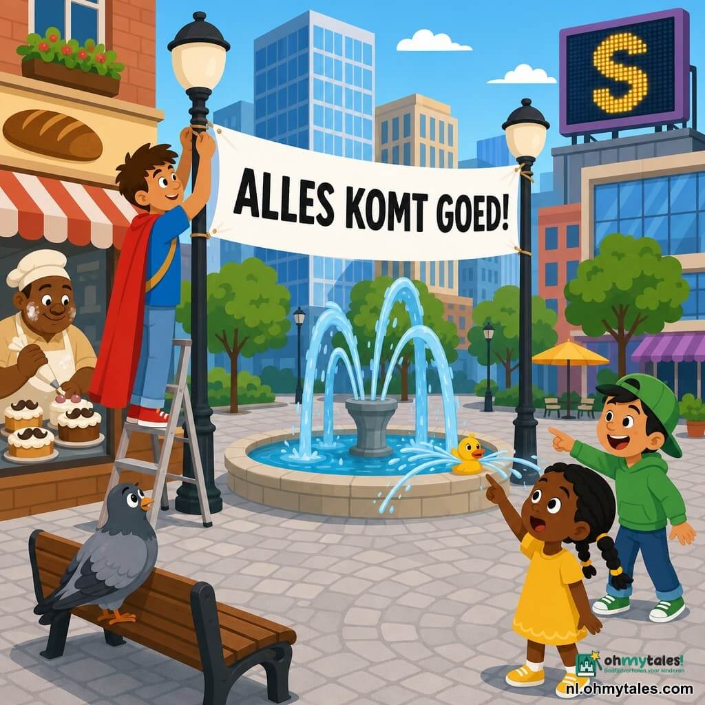 Een jonge man (Jip) met kort bruin haar, vastberaden glimlach, te lange rode cape, blauw T‑shirt en rugzak rolt tussen twee lantaarns een grote witte spandoek met dikke zwarte letters ALLES KOMT GOED! uit; links staat een volwassen bakker met bloem in zijn gezicht en een spuitzak slagroom bij de etalage, rechts voor de fontein staat een ongeveer 5‑jarig meisje in een gele jurk met twee vlechtjes wijzend naar het spandoek en iets achter haar een lachende jongen van circa 7 met een groene pet; een grijze duif zit op een bankje bij Jip en een geel rubberen eendje zit vast in de rand van de fontein waardoor water scheef spuit; plein met lichtgrijze kasseien, ronde fontein met blauwe waterstralen, bakkerijvitrine links, hoge glazen gebouwen op de achtergrond, ronde lantaarns en een knipperend reclamebord met een S rechtsboven; komische situatie waarin de stuntelige superheld het spandoek ophangt terwijl de slagroom kleine snorretjes op taarten spuit en de fontein door het vastzittende eendje water naar opzij spuwt.