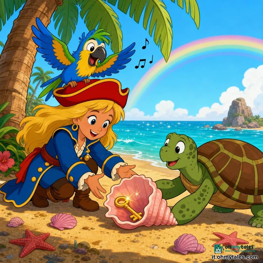 Una giovane pirata, Lella, sorridente e coraggiosa, capelli lunghi dorati, piccolo cappello rosso e giacca blu abbottonata, accovacciata e intenta a prendere una chiave d’oro brillante incastrata in una conchiglia rosa; il pappagallo colorato Blu, con piume blu, verdi e gialle, è posato sul bordo del cappello e svolazza aiutando, e la tartaruga Ernesto, grande con carapace verde e marrone, spinge delicatamente la conchiglia con le zampe; la scena è ai piedi di una palma alta su una piccola spiaggia di sabbia dorata con conchiglie rosa, stelle marine, acqua turchese che scintilla e un arcobaleno pallido, atmosfera luminosa e gioiosa, colori saturi e contorni semplici in stile cartone animato anni ’90.