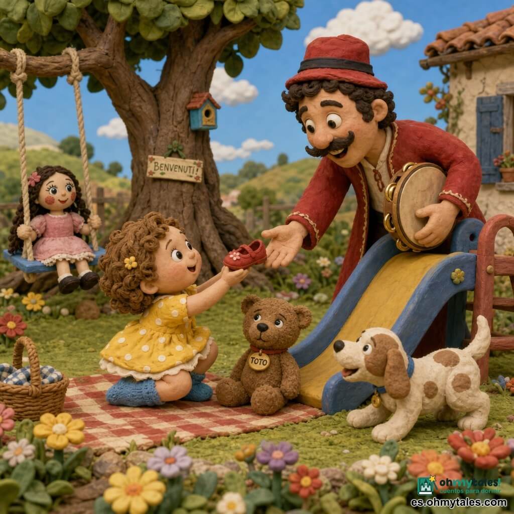 Una niña de 2 años, curiosa y alegre, con cabello castaño claro en rizos, sostiene un zapato rojo; lleva un vestido amarillo de lunares blancos y grandes calcetines azules, agachada sobre una manta a cuadros; al lado, un osito de peluche marrón llamado Toto mira el zapato; un cachorro manchado blanco y beige mueve la cola y olfatea cerca, frente a un parterre de flores; una muñeca llamada Rosa, con rostro pintado y vestido rosa, está en un columpio azul; un tamborilero adulto de unos 30 años, bigotudo, con traje rojo y sombrero, sostiene un tambor y ofrece otro zapato sonriendo, detrás del tobogán; jardín soleado con césped verde, flores coloridas, un gran árbol con raíces visibles y un columpio de madera; escena central: la niña entrega el zapato rojo al tamborilero en un momento tierno, colorido y luminoso con expresiones felices.