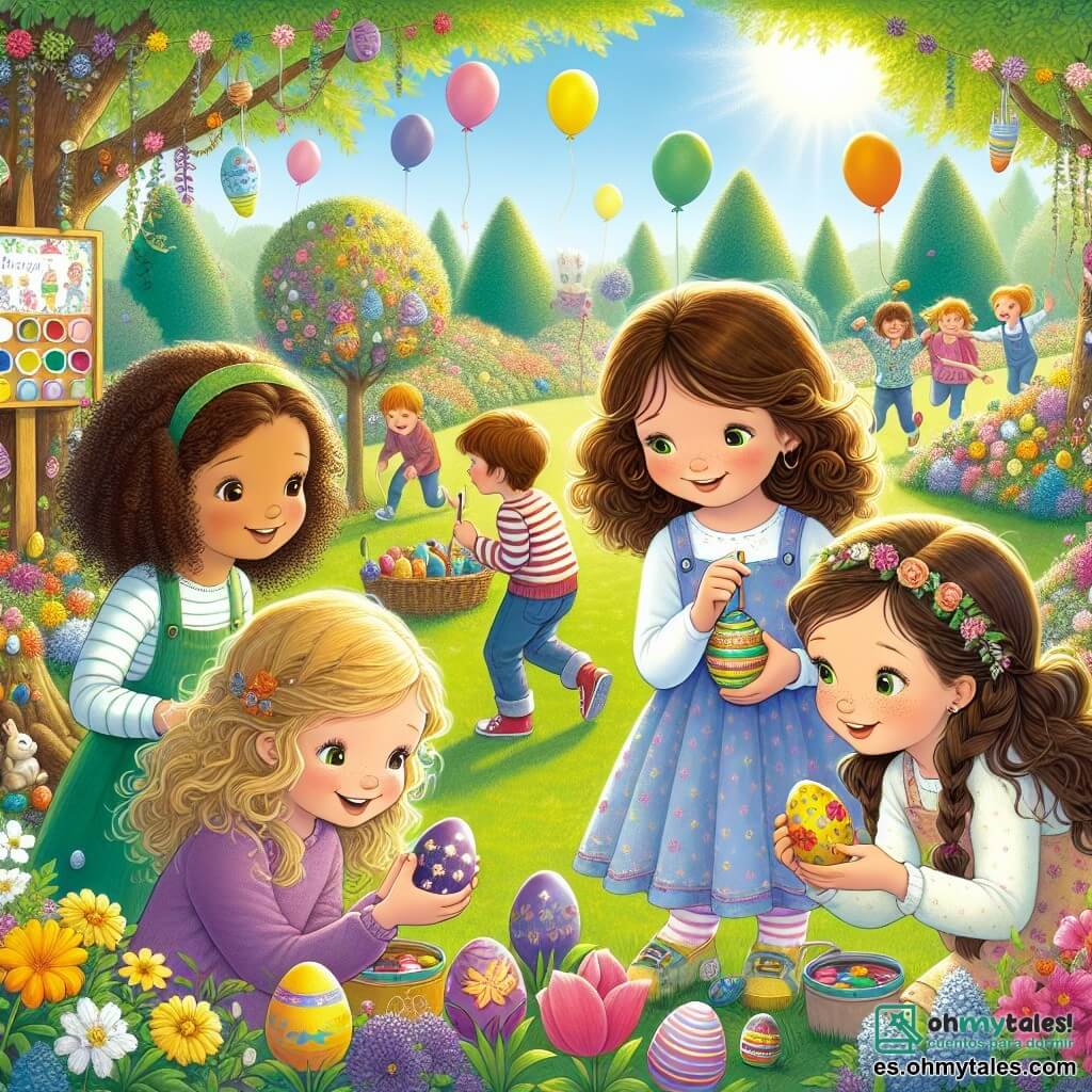 Cuatro chicas, Clara, Lucía, Marta y Sofía, de unos 10 años, están en el centro de un parque soleado, rodeadas de flores coloridas y árboles verdes. Clara, con cabello rizado y una sonrisa brillante, sostiene un huevo de Pascua decorado en forma de estrella. Lucía, con cabello liso y castaño, se inclina hacia adelante, examinando un huevo con gran curiosidad. Marta, con trenzas y gafas, ayuda a un niño pequeño a alcanzar un huevo escondido detrás de un arbusto. Sofía, con cabello largo y ondulado, observa pensativa, sosteniendo un pincel y tarros de pintura colorida a su lado. El parque está lleno de risas de niños, con globos flotantes y guirnaldas de flores colgadas entre los árboles. Al fondo, hay un gran cartel de madera decorado con motivos de Pascua, anunciando la búsqueda de huevos. La escena principal muestra a las chicas organizando una caza de huevos de Pascua, con huevos coloridos escondidos en la hierba y detrás de los árboles, mientras los niños corren alegremente buscando los tesoros de chocolate.