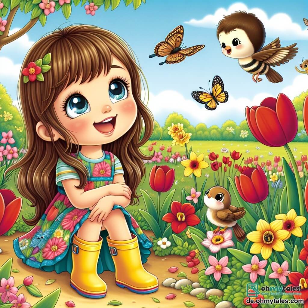 Ein 6-jähriges Mädchen, Mia, mit langen braunen Haaren und strahlend glücklichen Augen, trägt ein buntes Kleid und gelbe Gummistiefel. Sie sitzt in einem blühenden Garten, umgeben von roten Tulpen und gelben Narzissen, mit einem großen Lächeln im Gesicht, während sie einen schönen Schmetterling mit bunten Flügeln beobachtet, der um sie herumfliegt. In der Nähe sitzt ein kleiner Spatz mit braunem Gefieder und einem runden Kopf auf einem Baumast und singt fröhlich. Er scheint sich zu freuen, Mia nach ihrer langen Reise wiederzusehen. Ein wenig weiter entfernt summt eine Biene mit schwarz-gelbem gestreiftem Körper und bestäubt eine Blume, konzentriert auf ihre Aufgabe. Der Garten ist hell erleuchtet, mit einem klaren blauen Himmel und flauschigen weißen Wolken. Die Blumen tanzen sanft im Frühlingswind und schaffen eine fröhliche und lebendige Atmosphäre. Mia, begeistert von der Schönheit des Frühlings, streckt die Hand nach dem Schmetterling aus, bereit, ihn näher zu beobachten, während der Spatz und die Biene mit ihren Aktivitäten fortfahren und eine lebendige und magische Szene schaffen.