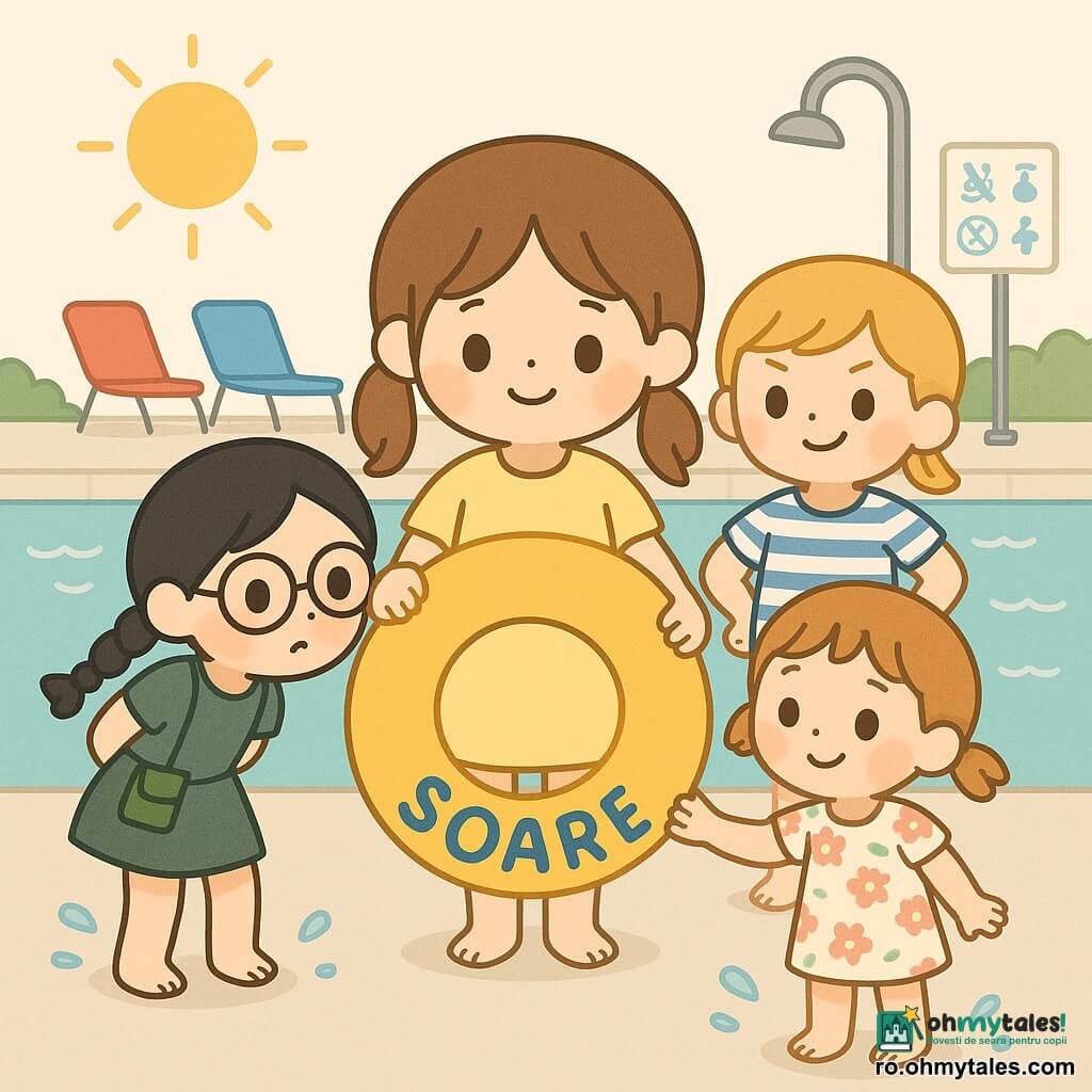 Patru fete: Ilinca (~9 ani), păr brun mediu în două cozi lejere, rochie galben pal, ține un colac gonflabil mare galben inscripționat "SOARE" și stă în centru; Teodora (~9 ani), păr negru împletit, ochelari rotunzi, carnet verde la brâu, stă la stânga, înclinată ca un detectiv; Mara (~9 ani), păr blond scurt, tricou în dungi albastru-alb, zâmbet ștrengar, la dreapta cu mâinile în șolduri; Daria (~7 ani), păr castaniu deschis în două codițe, rochiță cu flori, obraji roz, ține o margine a colacului și stă ușor în spate la dreapta, cu expresie rușinată dar zâmbitoare. Locație: marginea unei piscine municipale însorite, margine din beton deschis, șezlonguri colorate, duș metalic strălucitor și un panou alb cu pictograme; apă turcoaz limpede cu reflexe și valuri stilizate. Situație: moment de reîntâlnire și iertare — Daria îi returnează colacul Ilincăi; cele trei fete formează un semicerc mic în jurul colacului, expresii blânde, picături de apă pe picioare și câteva stropi desenati, atmosferă caldă, culori pastel, compoziție aerisită în stil kawaii minimalist cu contururi fine și umbre foarte moi.