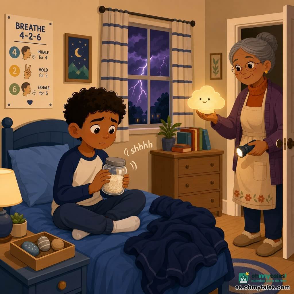 Un niño de 8–10 años, piel color canela, orejas pequeñas y algo puntiagudas, pelo corto y rizado, rostro expresivo y ojos grandes, está sentado en su cama azul, ansioso pero concentrado, sosteniendo y agitando lentamente un pequeño frasco de vidrio con arroz; una abuela tranquila de unos 65 años, cabello gris recogido en moño, ropa abrigada y delantal, mirada reconfortante, está junto a la puerta con una lámpara en forma de nube encendida en una mano y una linterna pequeña en la otra, sonrisa dulce y postura atenta y protectora; en la mesita hay una pequeña caja con piedras lisas (tres visibles: una fría, otra rayada y una redonda) y una manta azul marino arrugada junto al niño; la habitación íntima y ordenada tiene paredes crema, cortinas a rayas medio echadas, ventana con nubes moradas densas y relámpagos lejanos, suelo de madera clara y una cómoda con libros apilados; la escena muestra un momento de calma durante la tormenta: el niño practica respiración lenta (cuatro-dos-seis), el frasco de arroz produce un sonido "shhhh" señalado por pequeñas líneas sonoras y la lámpara-nube difunde una luz miel cálida que crea sombras suaves y reconfortantes.