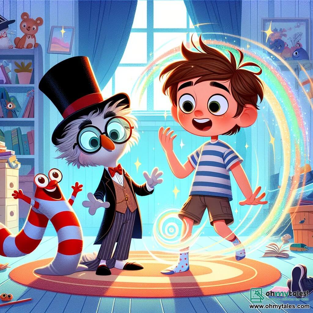 An 11-year-old boy, Oliver Pumpernickel, with messy hair and round glasses, expresses great surprise and wonder as he stands in front of a sparkling portal in his room. He wears a striped t-shirt and shorts, reaching out toward the portal, his eyes shining with excitement. Beside him, a small polka-dotted sock with a monocle, Sir Argyle, stands upright with one paw on his hip, displaying a serious yet playful expression. Another character, Toe, a red sock with mischievous eyes, jumps joyfully, while Heel, a blue sock, sings rhythmically with his little feet, adding cheer to the scene. The setting is Oliver's room, filled with scattered toys, open books, and soft light filtering through the window. The swirling, colorful portal emits beams of light that illuminate the room, creating a magical atmosphere. The main scene shows Oliver, amazed, ready to dive into an adventure through the portal, while his sock friends enthusiastically encourage him, ready to join him in this wacky and absurd world.