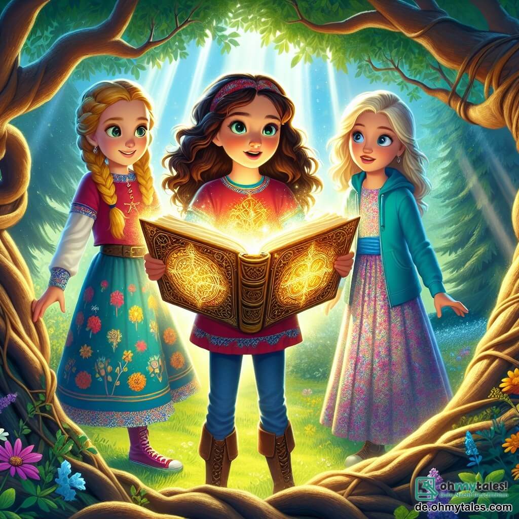 Drei Mädchen, Mia, Lena und Sophie, stehen zusammen in einem alten und geheimnisvollen Baum mit knorrigen Ästen und leuchtend grünen Blättern. Mia, 10 Jahre alt, hat lockige braune Haare und trägt ein rotes T-Shirt mit Jeans. Sie hält ein altes Buch mit goldenen Seiten und ist fasziniert von den leuchtenden Symbolen. Rechts von ihr steht Lena, ebenfalls 10 Jahre alt, mit geflochtenen blonden Haaren und einem bunten Blumenkleid. Sie schaut mit weit aufgerissenen Augen auf das Buch, voller Aufregung. Links steht Sophie, 9 Jahre alt, mit glatten kastanienbraunen Haaren und einem blauen Kapuzenpulli, die neugierig mit verschränkten Armen beobachtet. 

Ihr Baum befindet sich am Rande einer sonnigen Lichtung, umgeben von Wildblumen und einem azurblauen Himmel, wo Lichtstrahlen durch die Blätter filtern und eine magische Atmosphäre schaffen. 

Die Hauptsituation zeigt die Mädchen, die ein leuchtendes altes Buch entdecken, das ein Hologramm eines lächelnden Professors enthüllt, der bereit ist, sie auf ein Zeitreise-Abenteuer mitzunehmen.