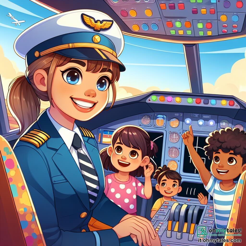 Una pilota di nome Sara sorride nel cockpit di un aereo colorato, indossando una divisa blu con spalline dorate e un cappello da pilota. I suoi capelli castani sono raccolti in una coda di cavallo e i suoi occhi brillano di eccitazione mentre spiega il volo ai bambini. Un gruppo di quattro bambini è presente intorno a lei: un ragazzo di 8 anni con occhiali e capelli biondi che alza la mano per fare una domanda; una ragazza di 7 anni con capelli ricci e una maglietta rosa che guarda con meraviglia; un ragazzo di 9 anni con un cappellino da baseball rosso che punta verso il cielo; e una ragazza di 6 anni con un vestito a pois che sorride tenendo un piccolo giocattolo di aereo. Sono tutti seduti nel cockpit, affascinati dall'avventura. Il cockpit è luminoso, pieno di comandi colorati, pulsanti lampeggianti e finestre che offrono una vista spettacolare su un cielo blu punteggiato di nuvole bianche. Sara spiega ai bambini come pilotare l'aereo mentre si preparano a decollare per un'avventura magica nei cieli, pieni di gioia ed eccitazione.