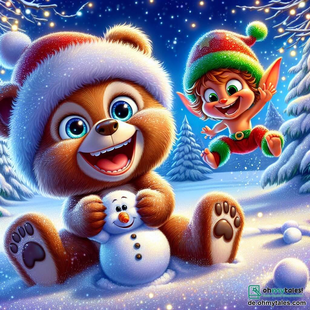 Ein kleiner Teddybär namens Bruno mit weichem braunem Fell und strahlenden Augen liegt im glitzernden Schnee und lacht herzlich. Neben ihm springt ein schelmischer Kobold namens Farceur mit zerzausten grünen Haaren und einem leuchtend roten Kostüm fröhlich in die Luft, während er einen kleinen Schneemann in den Händen hält, bereit für einen freundschaftlichen Wettkampf. Die Szene zeigt Bruno und Farceur, die in einem bezaubernden Winterlandschaft mit schneebedeckten Bäumen und sanft fallenden Schneeflocken eine Schneeballschlacht haben, umgeben von Magie und Freude, und den verspielten Geist von Weihnachten einfangen.