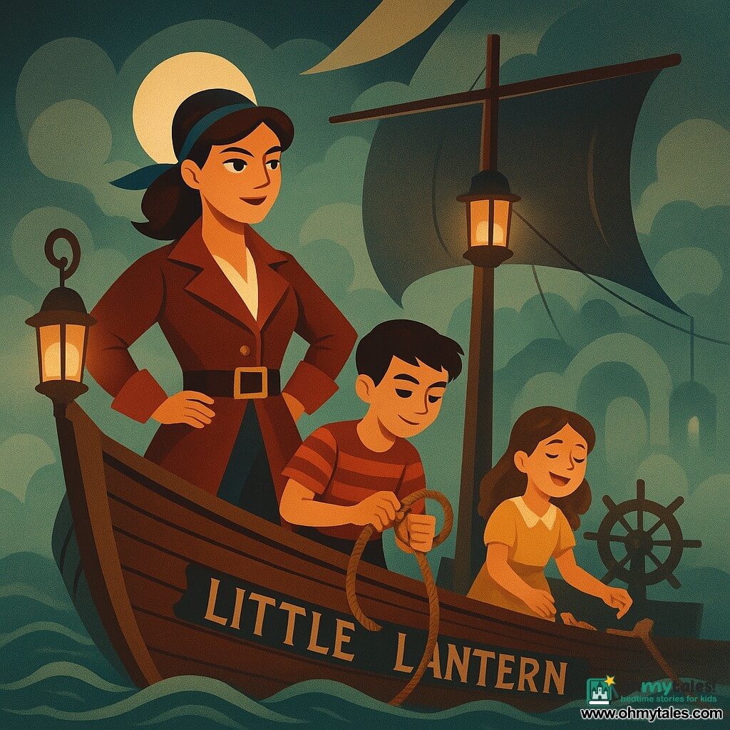 A female pirate captain, Mira, stands proudly at the bow of her ship, the Little Lantern. She has brown hair tied with a blue ribbon and a determined look. Beside her, a 12-year-old boy, Niko, skillfully ties a rope. A 10-year-old girl, Lila, stands near the mast, humming cheerfully while picking up scattered items on the deck. Old Ben, a man with gray hair and a wrinkled face, tells a joke while laughing near the helm. The ship sails through a thick mysterious fog, with gentle waves shimmering under the silver moonlight. The main scene shows the moment when the ship approaches the Misty Mouth, a misty and enigmatic passage, with hanging lanterns lighting the way.