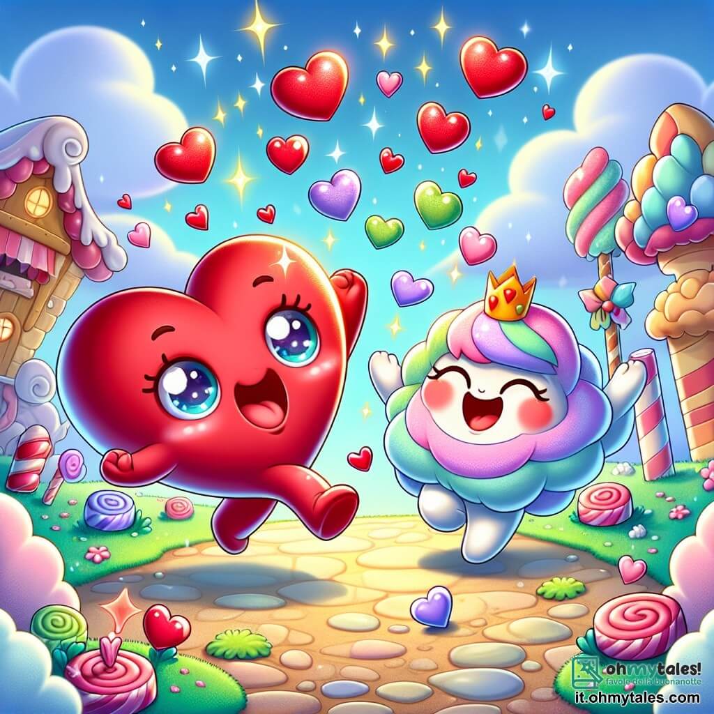 Un piccolo cuoricino rosso, con gambette e manine paffute, salta di gioia al centro di un villaggio magico, il suo viso radioso di eccitazione e felicità. Tiene un festone colorato di cuoricini volanti, brillanti come stelle, che fluttuano attorno a lui. Accanto a lui, una caramella dolce e sorridente, con colori pastello e occhi scintillanti, applaude con entusiasmo, condividendo la gioia del suo amico. È leggermente in ritardo, circondata da fiori di zucchero filato, aggiungendo un tocco di magia alla scena. Il luogo è un villaggio fiabesco, dove le case sono di caramelle e gli alberi di biscotti, con fontane di cioccolato che scintillano sotto il sole. Nuvole di zucchero filato fluttuano nel cielo blu, creando un'atmosfera dolce e gioiosa. La scena principale mostra il cuoricino e la caramella che celebrano la loro amicizia decorando il festone di cuoricini, circondati da altri abitanti del villaggio che ballano e cantano, tutti uniti nella gioia della festa di San Valentino.