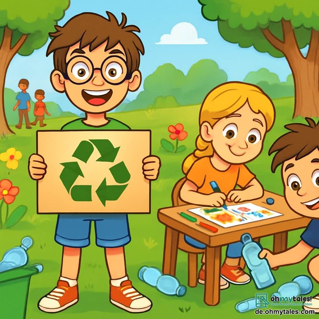 Ein 12-jähriger Junge, Jonas, mit zerzausten braunen Haaren und runden Brillen, lächelt begeistert und hält ein großes Pappschild mit der Aufschrift "Recyceln!". Er trägt ein leuchtend grünes T-Shirt und eine Jeansshorts, dazu abgetragene Turnschuhe. Neben ihm zeichnet seine beste Freundin Emilia, ein 12-jähriges Mädchen mit geflochtenen blonden Haaren und funkelnden Augen, bunte Plakate auf einem Holztisch, umgeben von Stiften und Filzstiften. Leo, ein 12-jähriger Junge mit kastanienbraunen Haaren und einem schelmischen Lächeln, sammelt Plastikflaschen vom Boden, bereit, sie zu recyceln. Die Szene spielt in einem grünen Park mit majestätischen Bäumen und leuchtend bunten Blumen unter einem klaren blauen Himmel. Im Hintergrund spazieren Familien und Kinder spielen fröhlich. Die Hauptsituation zeigt Jonas und seine Freunde in Aktion, entschlossen, die Menschen für die Bedeutung des Recyclings zu sensibilisieren, mit Ausdrücken von Freude und Entschlossenheit auf ihren Gesichtern.