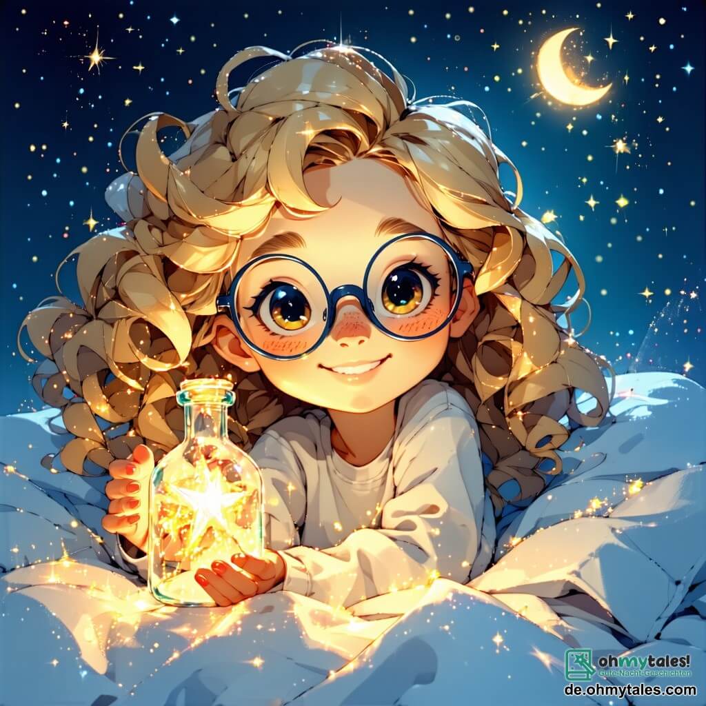 Im Zentrum des Bildes steht ein 11-jähriges Mädchen namens Lila mit glänzenden, goldenen Locken, die wie Sonnenstrahlen strahlen. Sie trägt eine große Brille, die leicht auf ihrer Nase rutscht. Ihr Gesichtsausdruck ist entschlossen und fröhlich, während sie eine kleine funkelnde Flasche in der Hand hält, bereit, die schlafenden Helden zu wecken. Rechts von ihr steht Max, ein 10-jähriger Junge mit einem großen Zauberermantel, der hinter ihm herzieht, und versucht, seine Kapuze wieder in Position zu bringen. Er hat zerzauste Haare und schaut mit einem begeisterten Lächeln auf die Szene. Links dehnt sich Drago, ein grüner Drache mit glänzenden Schuppen und sanften Augen, faul aus, während er mit ausgebreiteten Flügeln Lila mit einem amüsierten Gesichtsausdruck betrachtet, bereit, ihr bei ihrem Abenteuer zu helfen. Die Kulisse ist eine verzauberte Lichtung, umgeben von Bäumen mit verdrehten Stämmen und bunten Blättern, wo seltsame Blumen im Rhythmus des Windes tanzen. Im Hintergrund ist eine geheimnisvolle Höhle zu sehen, aus der Lichtblitze und das Lachen von Kobolden entweichen. Die Hauptsituation zeigt Lila, voller Mut, die Flasche mit dem Zaubertrank haltend, bereit, die schlafenden Helden von Dösedorf zu wecken, während Max und Drago sie begeistert anfeuern und eine humorvolle und magische Atmosphäre schaffen.