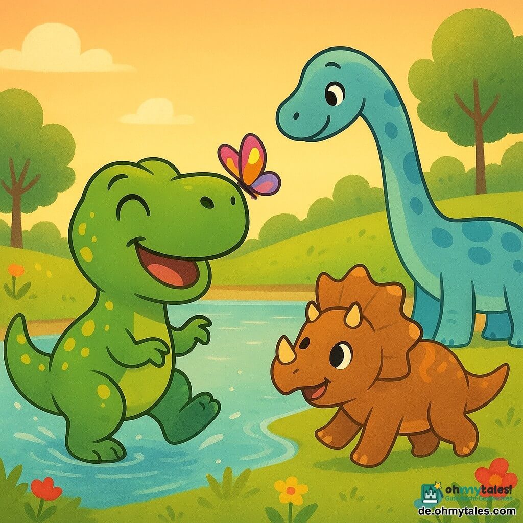 Ein lächelnder, fröhlicher kleiner Tyrannosaurus Rex mit grüner Haut und gelben Flecken, großen glänzenden Augen und kleinen Händen steht auf den Hinterbeinen und lacht, während ein bunter Schmetterling auf seiner großen Schnauze landet; Dino, der kleine Triceratops mit kurzen Hörnern und brauner Haut mit orangefarbenen Mustern, wedelt mit dem Schwanz und läuft neben dem T‑Rex und bestaunt den Schmetterling; Lilli, die lange Brachiosaurus mit dünnem, hellblau geflecktem Hals, beugt sich zum seichten, glitzernden See und taucht das Ende ihres Halses ins Wasser und lächelt friedlich; Ufer: flach, klar, grasbewachsen mit roten, gelben und blauen Blumen, runde Bäume und weiches Laub, warmer Spätnachmittagshimmel; Szene: die drei Dino‑Freunde spielen und planschen leise im Wasser, lachen zusammen, während ein mehrfarbiger Schmetterling darüber tanzt, sanfte, helle und geborgene Stimmung