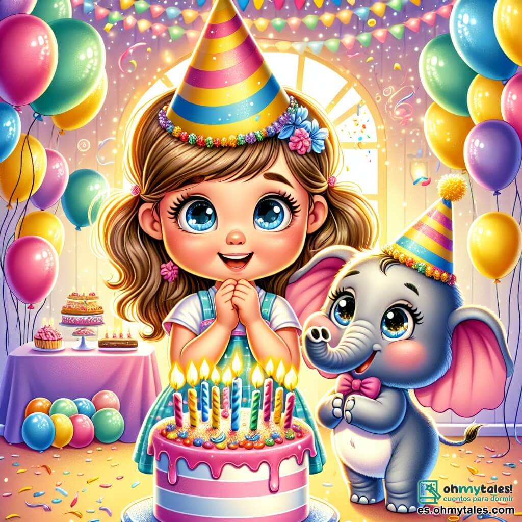Una niña de 2 años, Lucía, con grandes ojos brillantes y una sonrisa radiante, lleva un bonito sombrero de fiesta colorido y está frente a un pastel de cumpleaños decorado con velas centelleantes. A su lado, un elefante alegre con un gran sombrero en forma de cono, orejas anchas y ojos chispeantes, baila sobre sus patas traseras, rodeado de globos multicolores que flotan en el aire. El decorado es una sala de fiesta luminosa, con serpentinas de papel crepé colgadas del techo, globos de todos los colores y una gran mesa llena de golosinas. Al fondo, las ventanas dejan entrar la luz del sol, añadiendo un toque cálido a la atmósfera festiva. Lucía, llena de emoción, sopla la vela de su pastel, mientras el elefante aplaude alegremente, creando una atmósfera mágica y festiva para su cumpleaños.