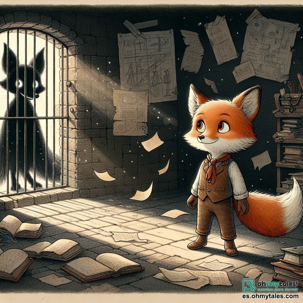 Ilustración que representa a un joven zorro de ojos brillantes, con pelaje rojizo y orejas puntiagudas, mostrando una curiosidad mezclada con aprensión. Se encuentra en el centro de una habitación oscura y polvorienta, rodeado de viejos libros y papeles esparcidos, observando una gran jaula abierta. Cerca, un zorro hecho de sombras, con ojos centelleantes y una silueta borrosa, observa al joven zorro con una expresión a la vez misteriosa y protectora. El lugar principal es un laboratorio abandonado, con paredes cubiertas de dibujos extraños y fórmulas, y ventanas rotas que dejan pasar rayos de luz que luchan contra la oscuridad. La situación principal muestra al joven zorro descubriendo la jaula vacía, mientras que la silueta del zorro de sombras parece materializarse detrás de él, creando una atmósfera intrigante y ligeramente inquietante. Elementos gráficos adicionales incluyen libros antiguos abiertos, hojas volantes y una luz tenue que acentúa el misterio, con sombras danzantes en las paredes, sugiriendo una magia oculta en el aire.