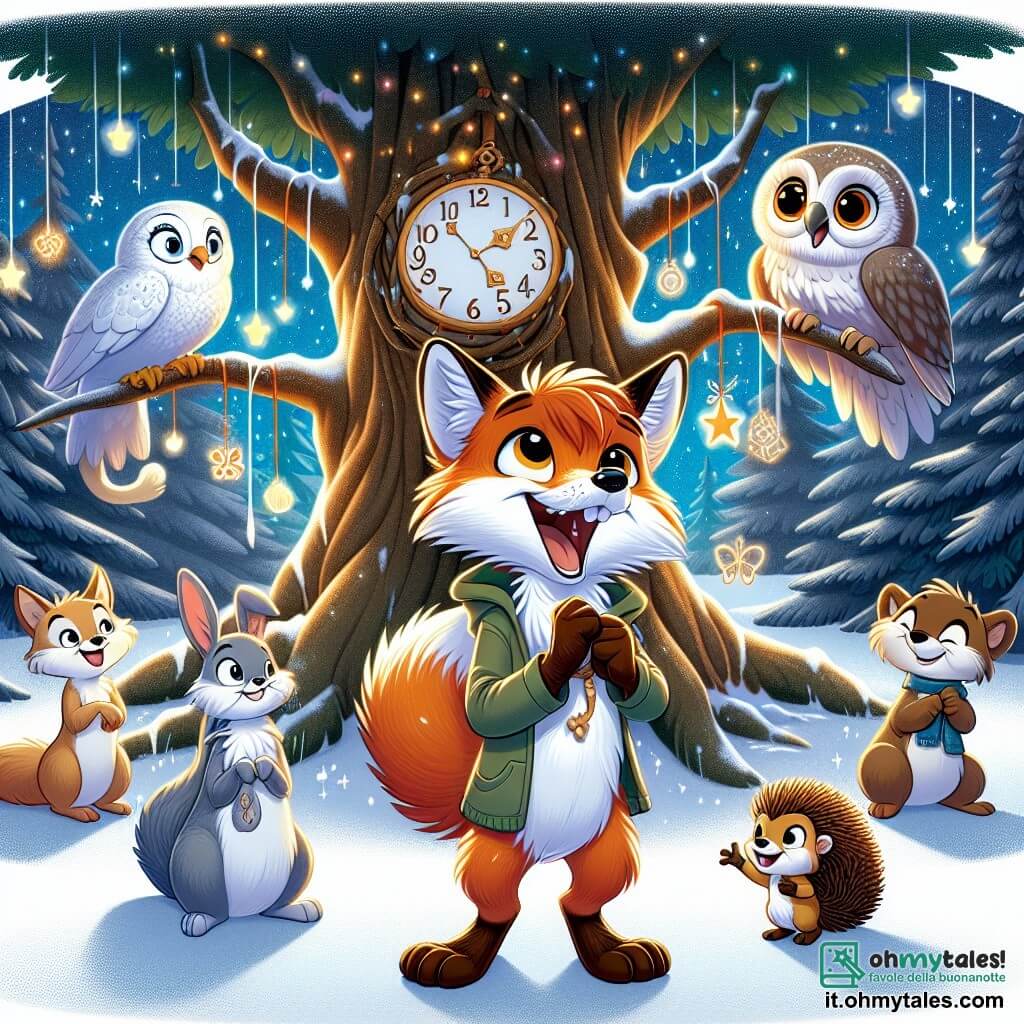 Fiocco, un giovane volpe dai peli arancioni e bianchi, si trova gioiosamente davanti a un maestoso albero con rami estesi, il suo viso illuminato da un sorriso di eccitazione e speranza. Tieni un piccolo pezzo di carta tra le zampe, pronto ad appenderlo all'albero. Accanto a lui, un gruppo di quattro animali: un gatto grigio dagli occhi scintillanti, che guarda con curiosità, un gufo dalle piume bianche posato su un ramo, che osserva con saggezza, uno scoiattolo dal pelo marrone che si agita d'impazienza, e un piccolo riccio dai pungiglioni morbidi, che sorride con entusiasmo. La scena si svolge in una foresta incantata, dove la neve scintilla sotto la luce della luna e le stelle brillano in un cielo notturno stellato. Fiocco e i suoi amici si sono riuniti per celebrare il Capodanno appendendo i loro desideri all'albero del tempo, creando un'atmosfera magica e piena di speranza.