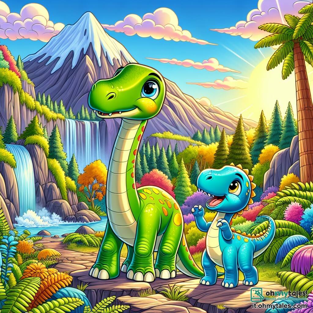 Un giovane diplodoco di nome Dino, con un lungo collo grazioso e una pelle verde brillante punteggiata di macchie gialle, guarda con occhi scintillanti di eccitazione. Si trova su un sentiero roccioso, circondato da grandi felci e fiori colorati. Accanto a lui, il suo amico Bronti, un altro diplodoco con squame azzurro cielo, sorride gioiosamente, con le piccole zampe anteriori sollevate come se fosse pronto a esplorare. Sullo sfondo, una maestosa montagna si erge, con le cime innevate che brillano sotto il sole dorato, mentre una cascata cristallina scende tra le rocce, creando un arcobaleno nell'aria. La scena mostra Dino e Bronti pronti a entrare in una valle segreta, piena di misteri e promesse di avventura.