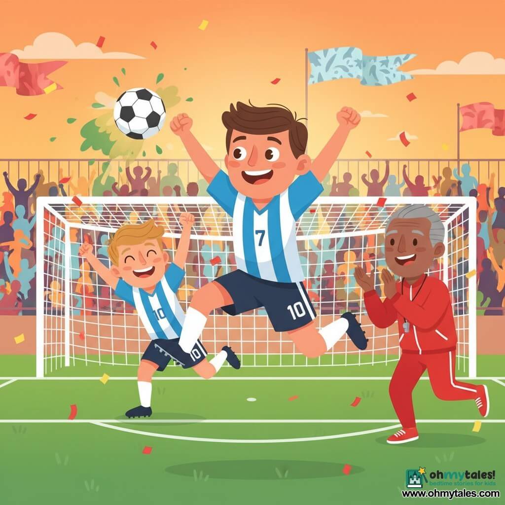 A triumphant teenage boy (≈16) with short brown hair jumps dynamically to strike a football into the goal as the ball hits the net, grass dust and red and yellow confetti fly; a blond teammate in a matching jersey runs behind him with arms raised, a middle-aged coach with graying hair and a whistle claps on the sideline, all on a vibrant green pitch with crisp white lines, a large white goal and crowded stands under an orange late-afternoon sky, warm backlighting and an euphoric atmosphere.